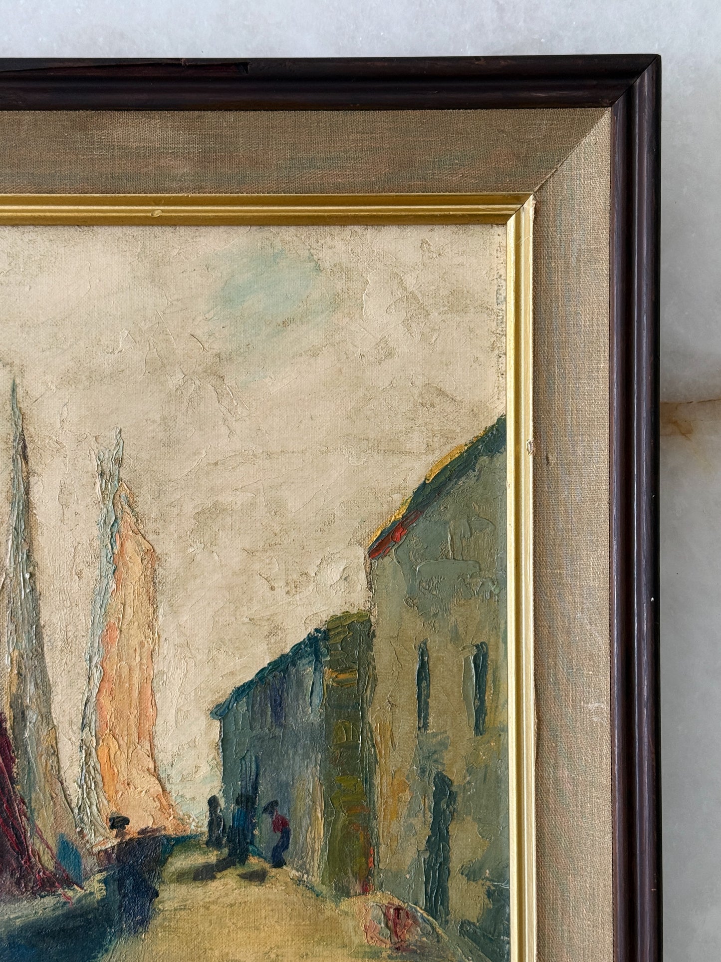 Vintage European Harbor Oil Painting in Wood & Linen Frame | Textured Coastal Seascape