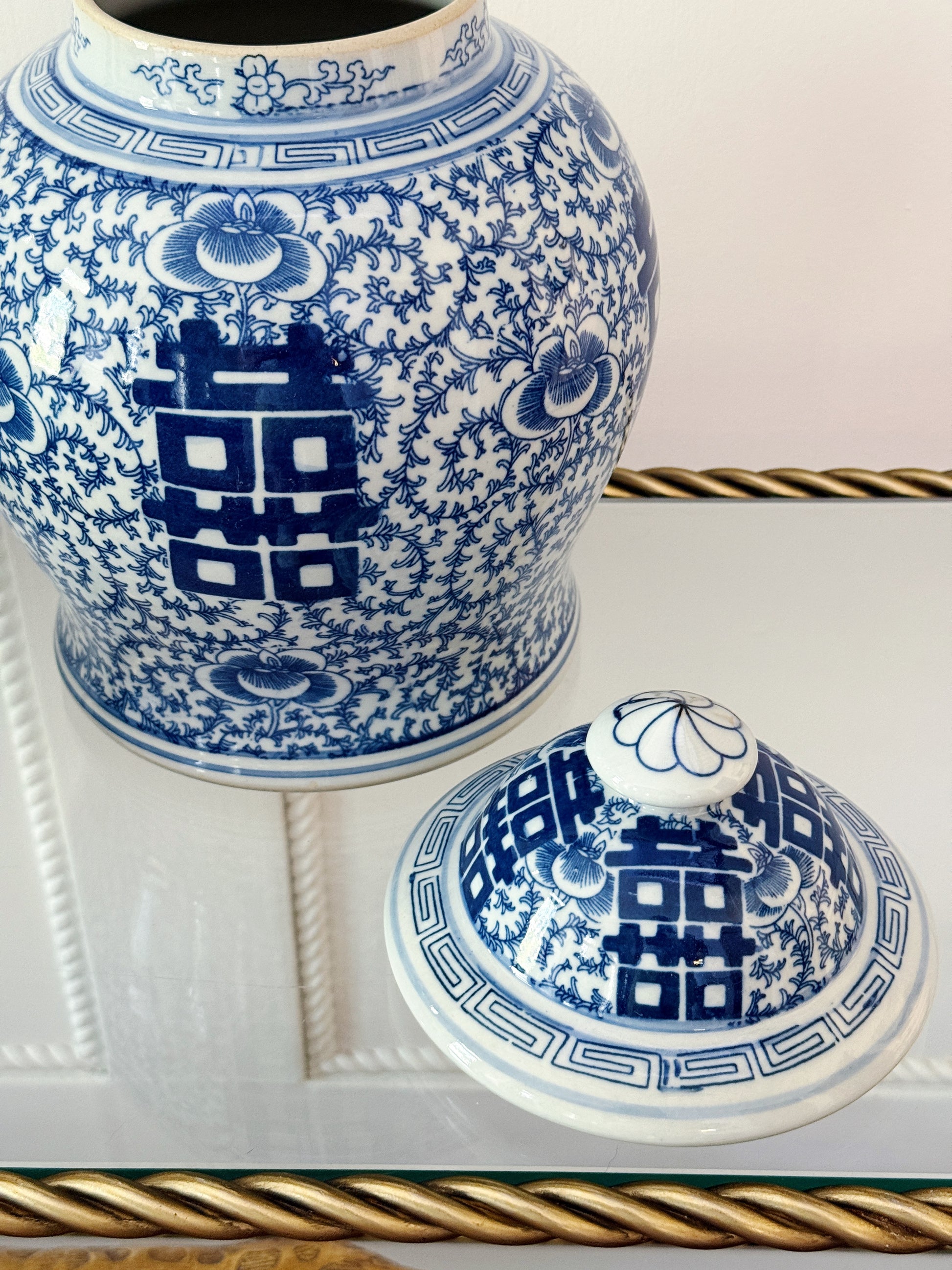 Blue & White Chinoiserie Double Happiness Temple Jar