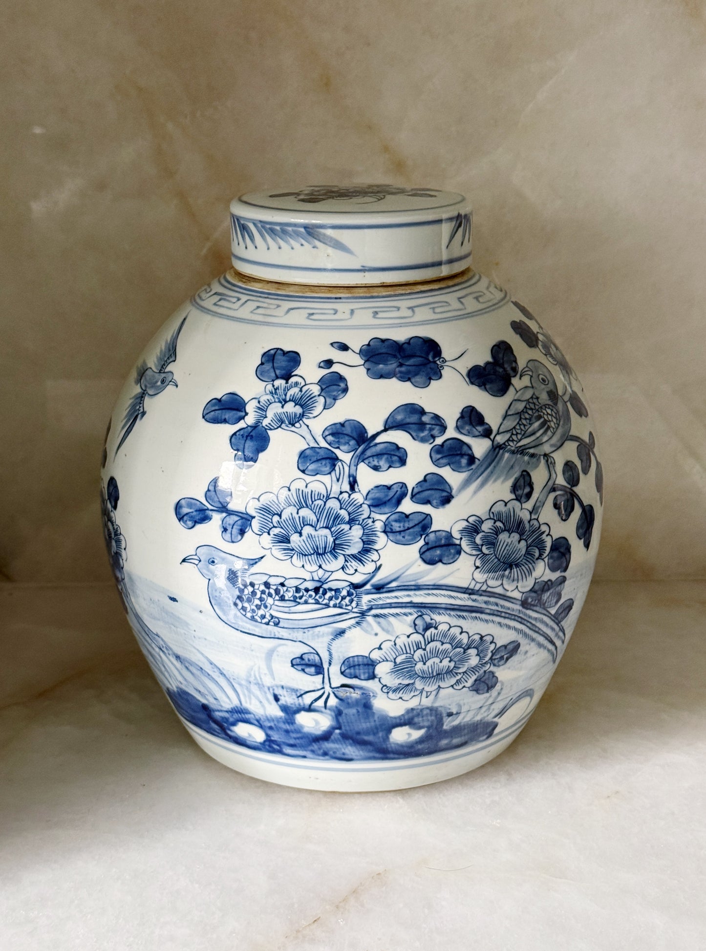 Blue & White Porcelain Bird & Floral Ginger Jar