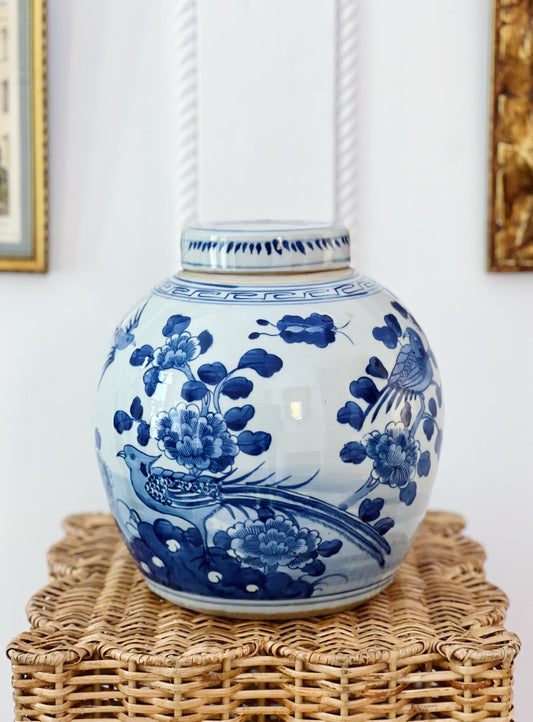 Blue and white ginger jar with bird and floral design