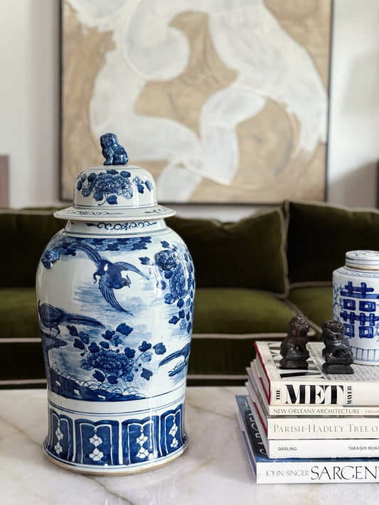 Large Blue & White Chinoiserie Floral Temple Jar