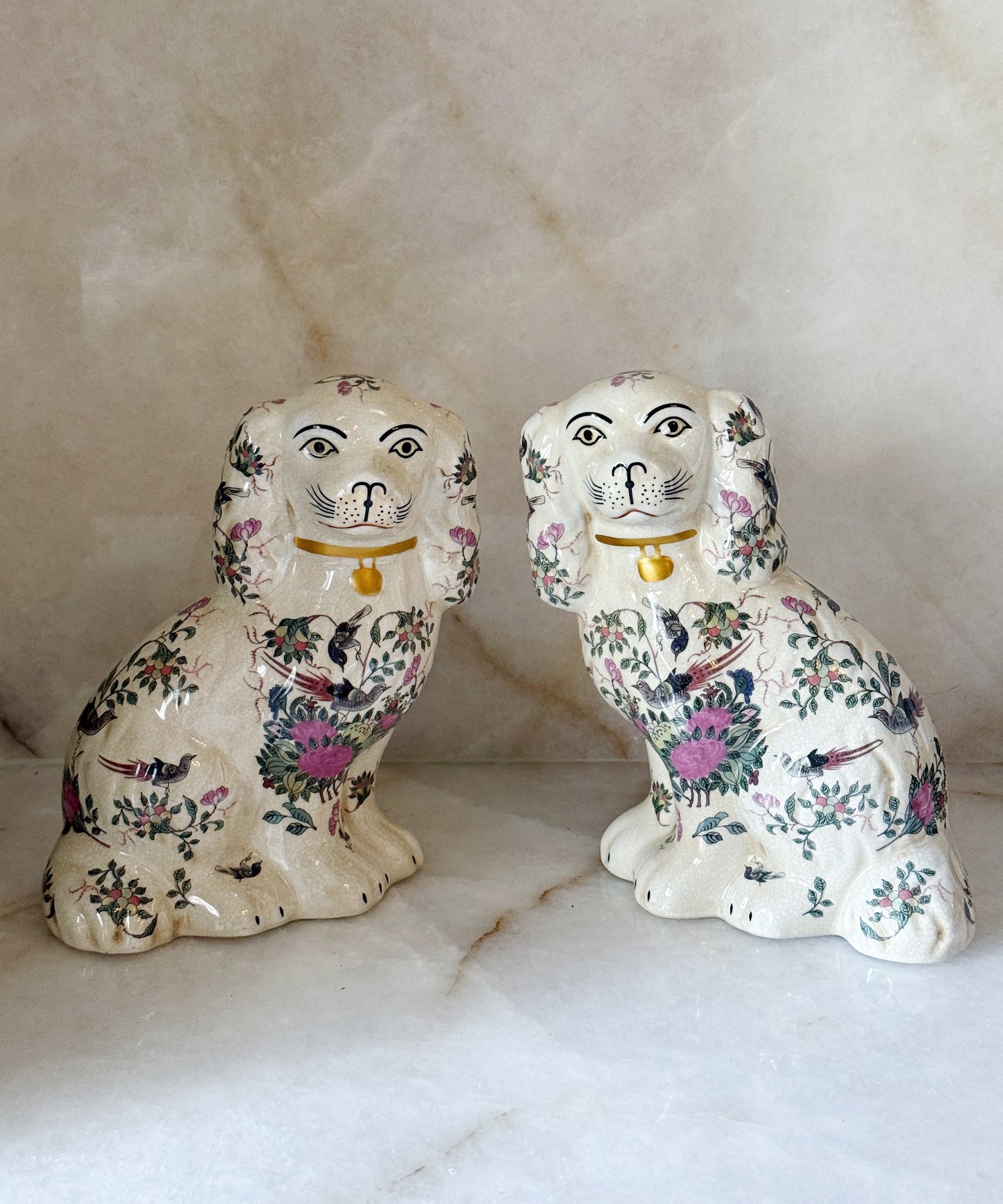 Floral Staffordshire Dog Figurines – Pair | Rose Medallion Porcelain Dogs