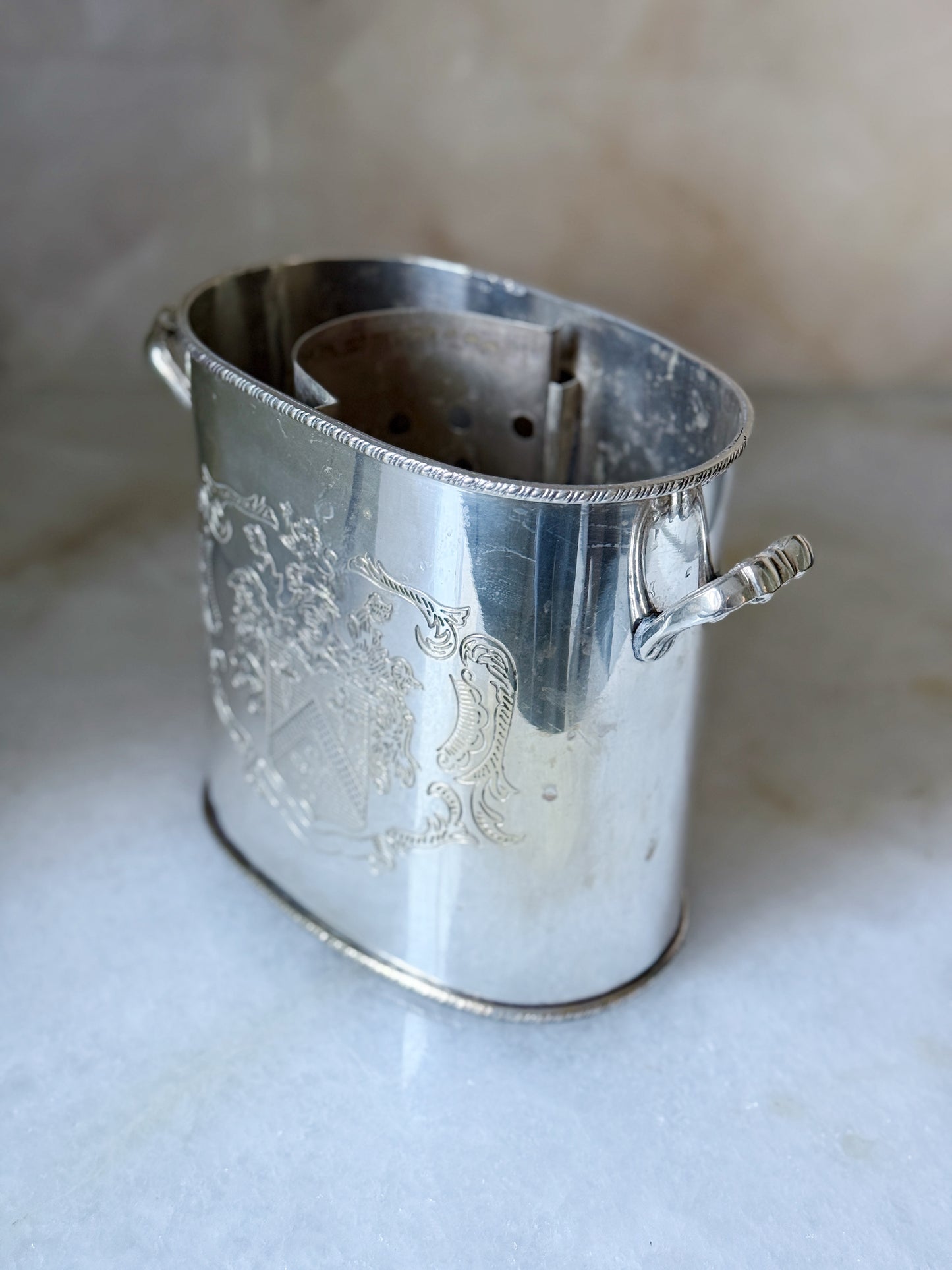 Vintage Silver Wine Cooler with Engraved Crest