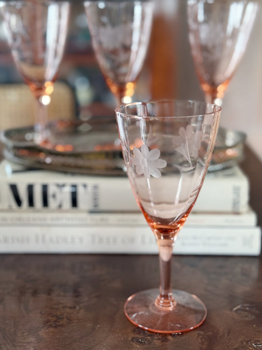 Vintage etched pink depression glass