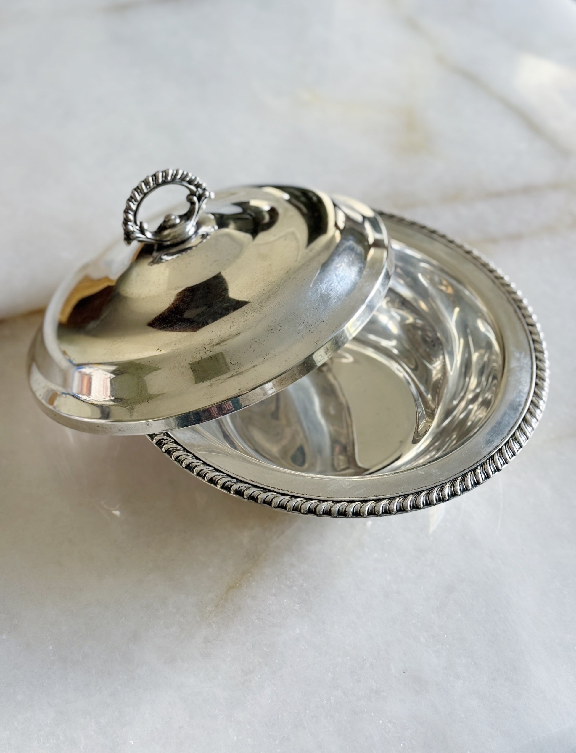 Vintage Silver Serving Dish with Lid and Rope Detail