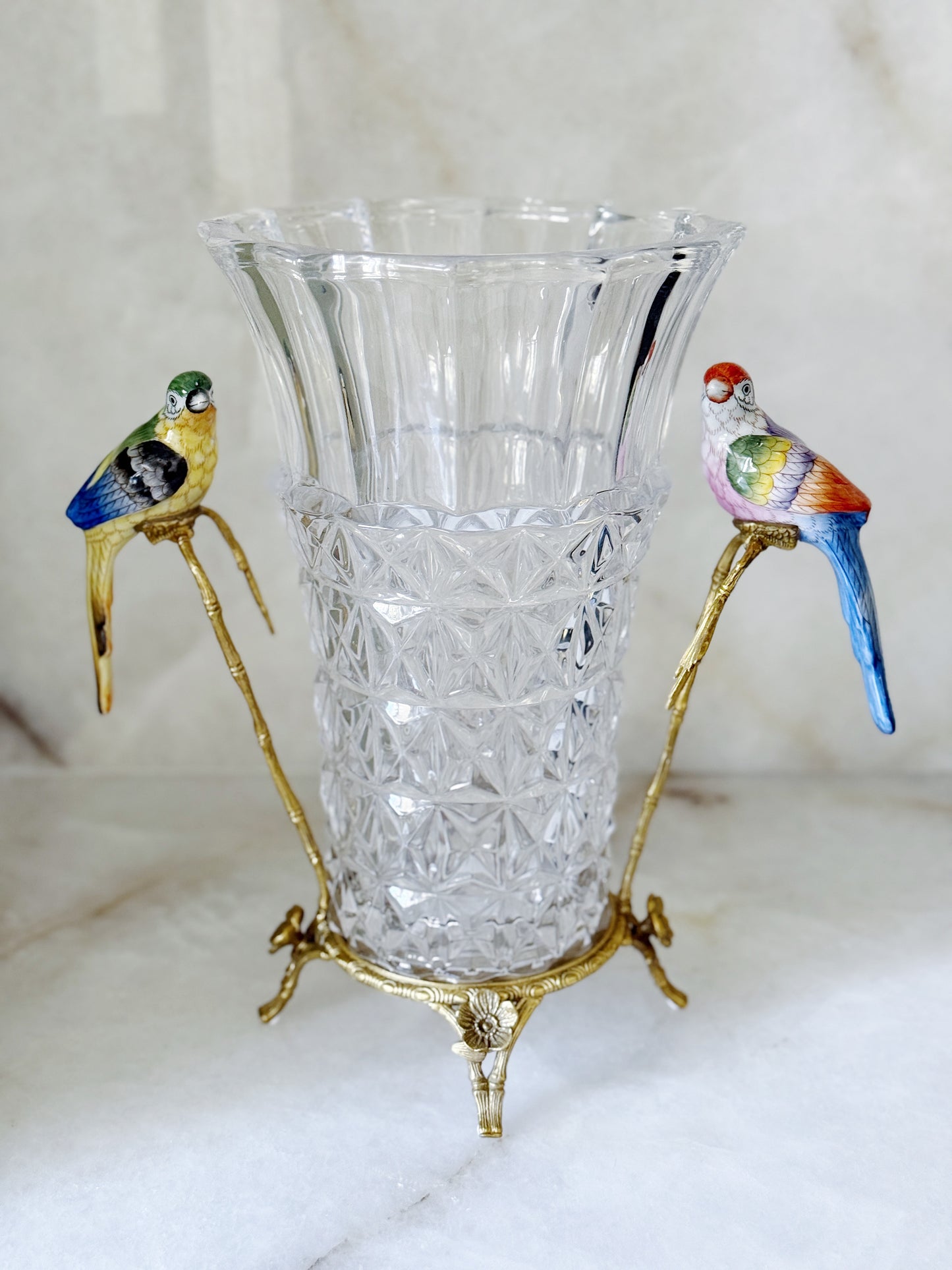 Crystal Vase with Bronze Ormolu Mount and Hand-Painted Porcelain Bird Handles