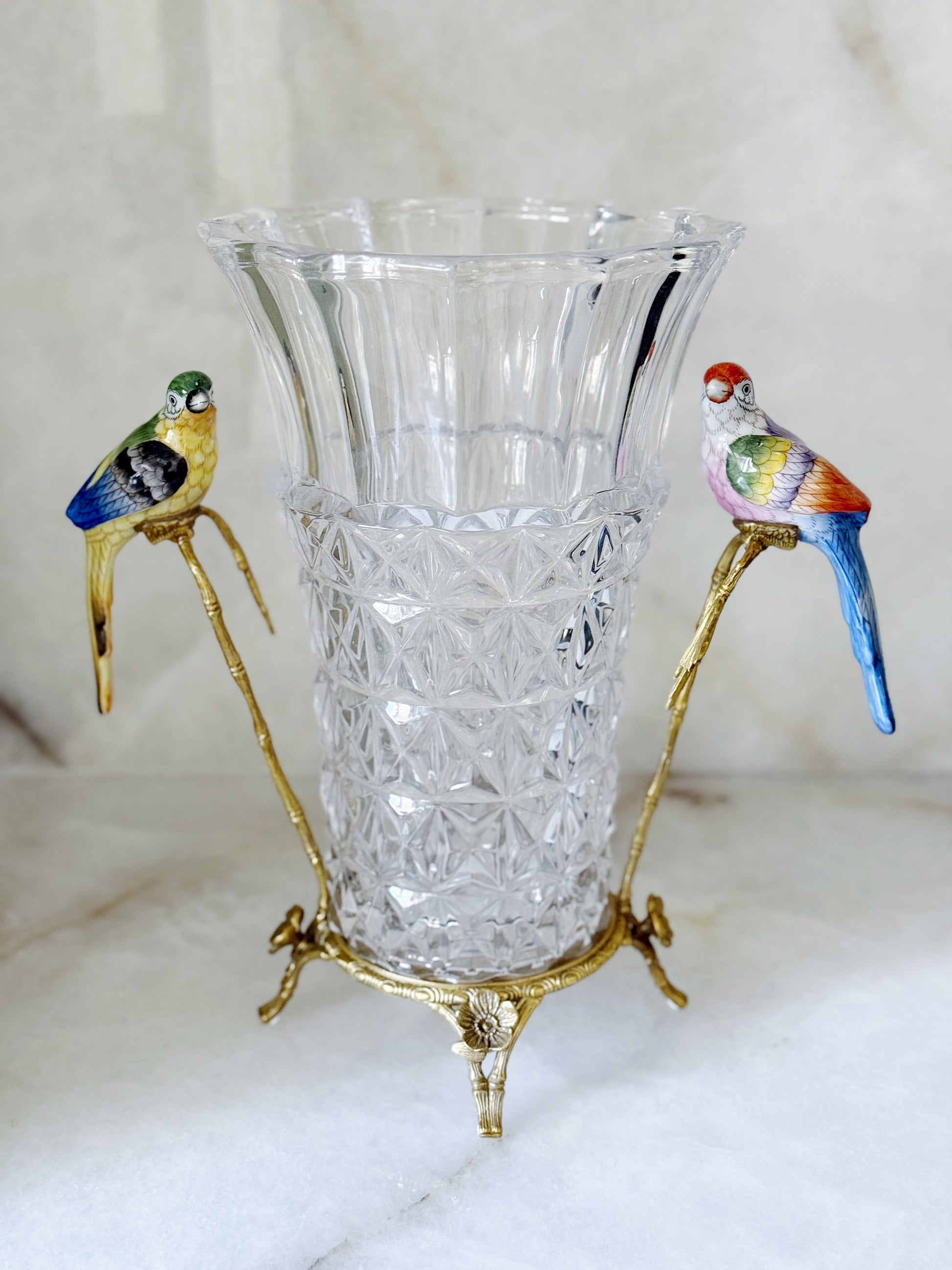 Crystal Vase with Bronze Ormolu Mount and Hand-Painted Porcelain Bird Handles