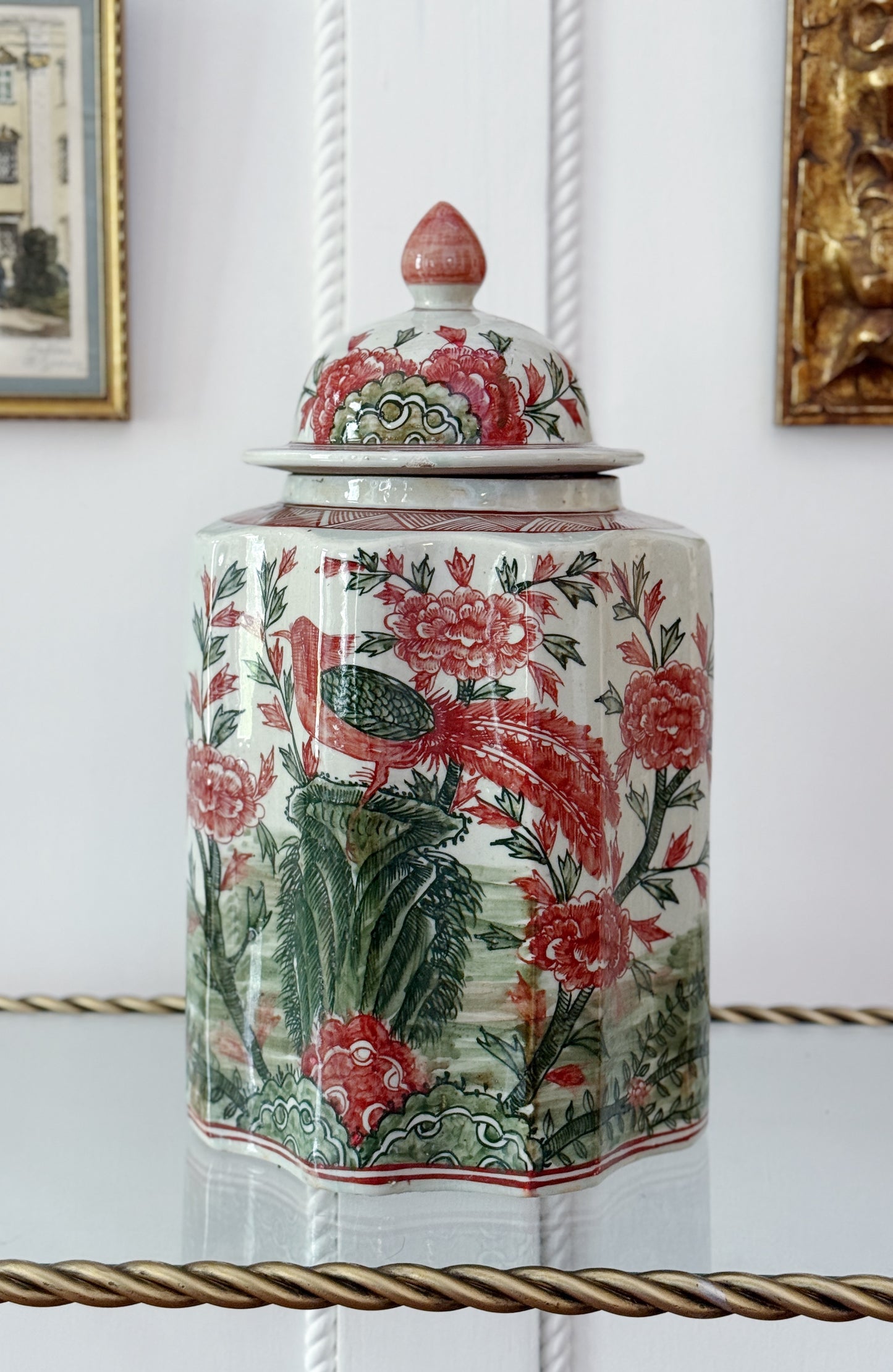 Hand-Painted Chinoiserie Ginger Jar with Bird & Floral Motif