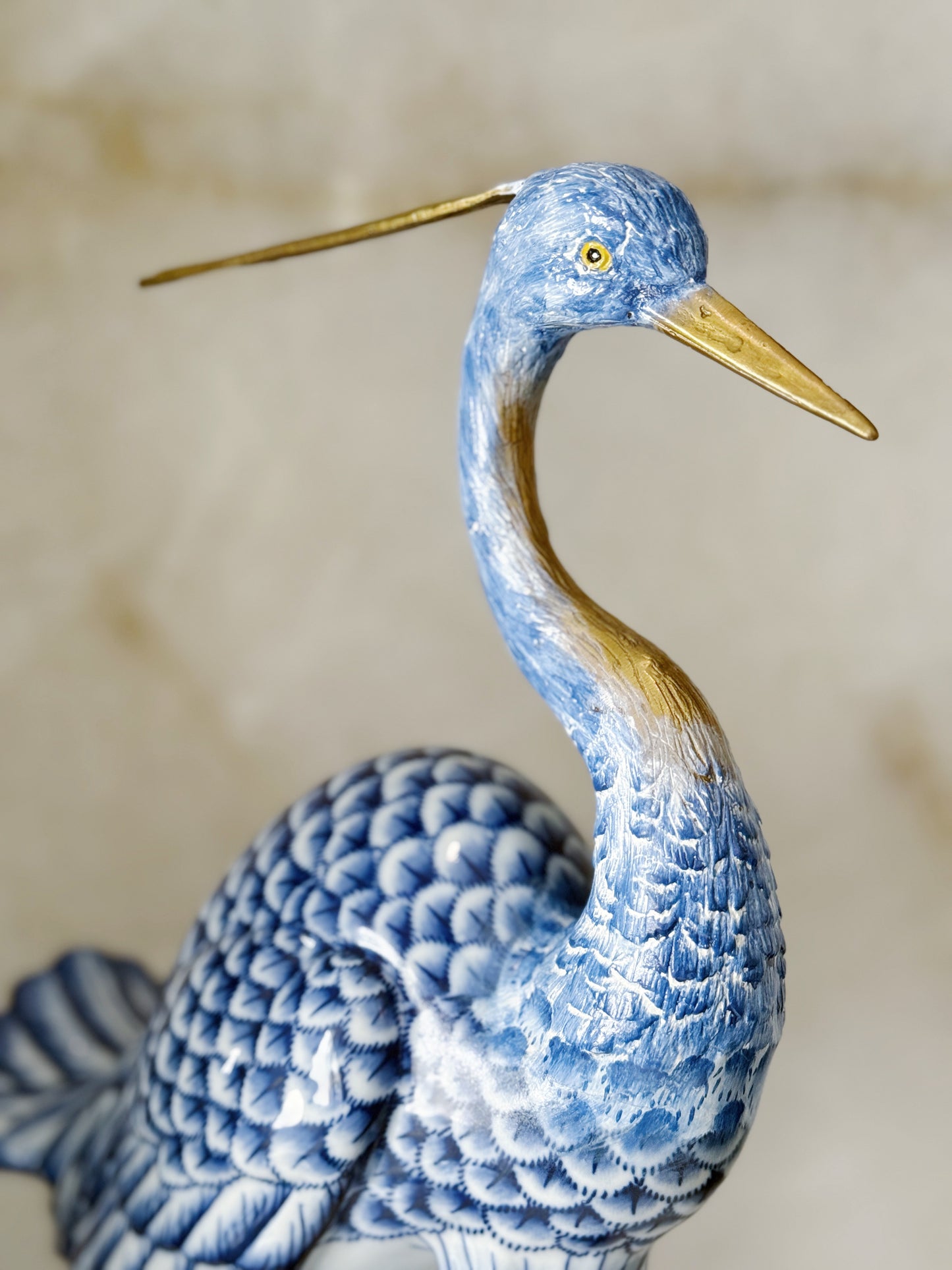 Large Blue & White Porcelain Egret Sculpture