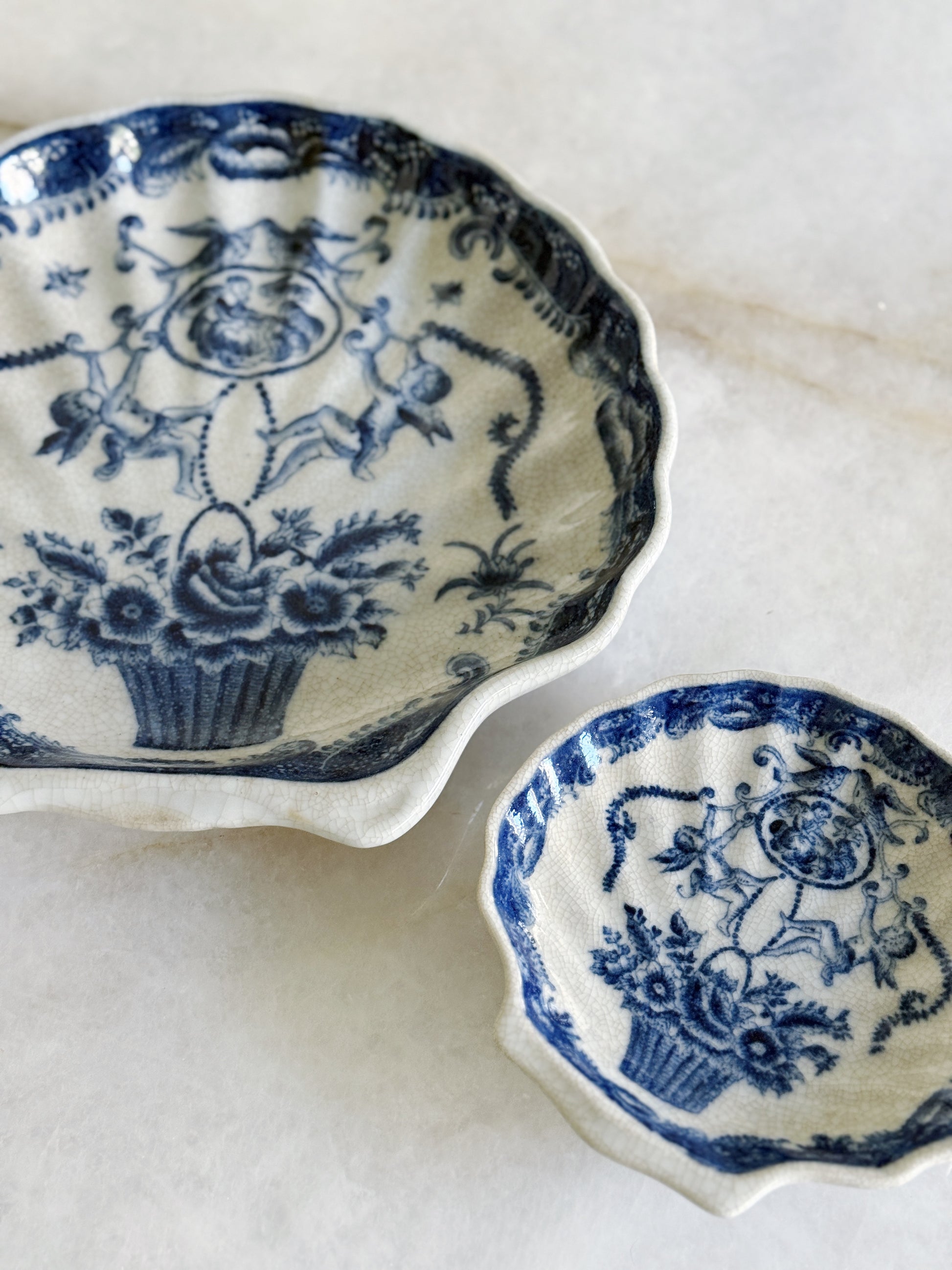 Pair of Blue & White Porcelain Shell Platter | Chinoiserie Floral Serving Dish