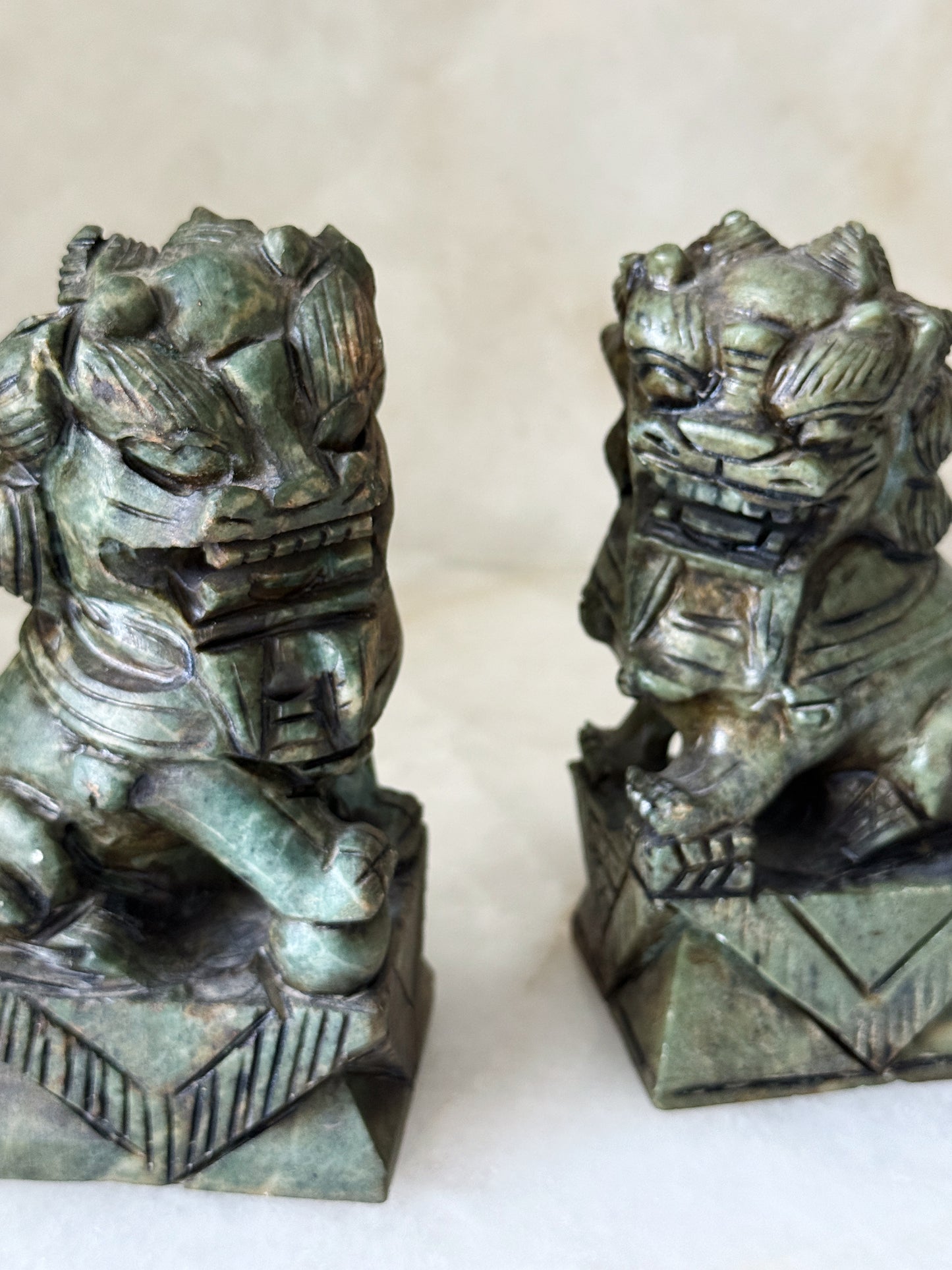 Vintage Hand Carved Jade Foo Dog Pair