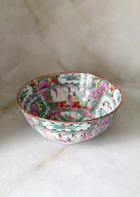 Antique hand painted famille rose porcelain bowl with gold trim
