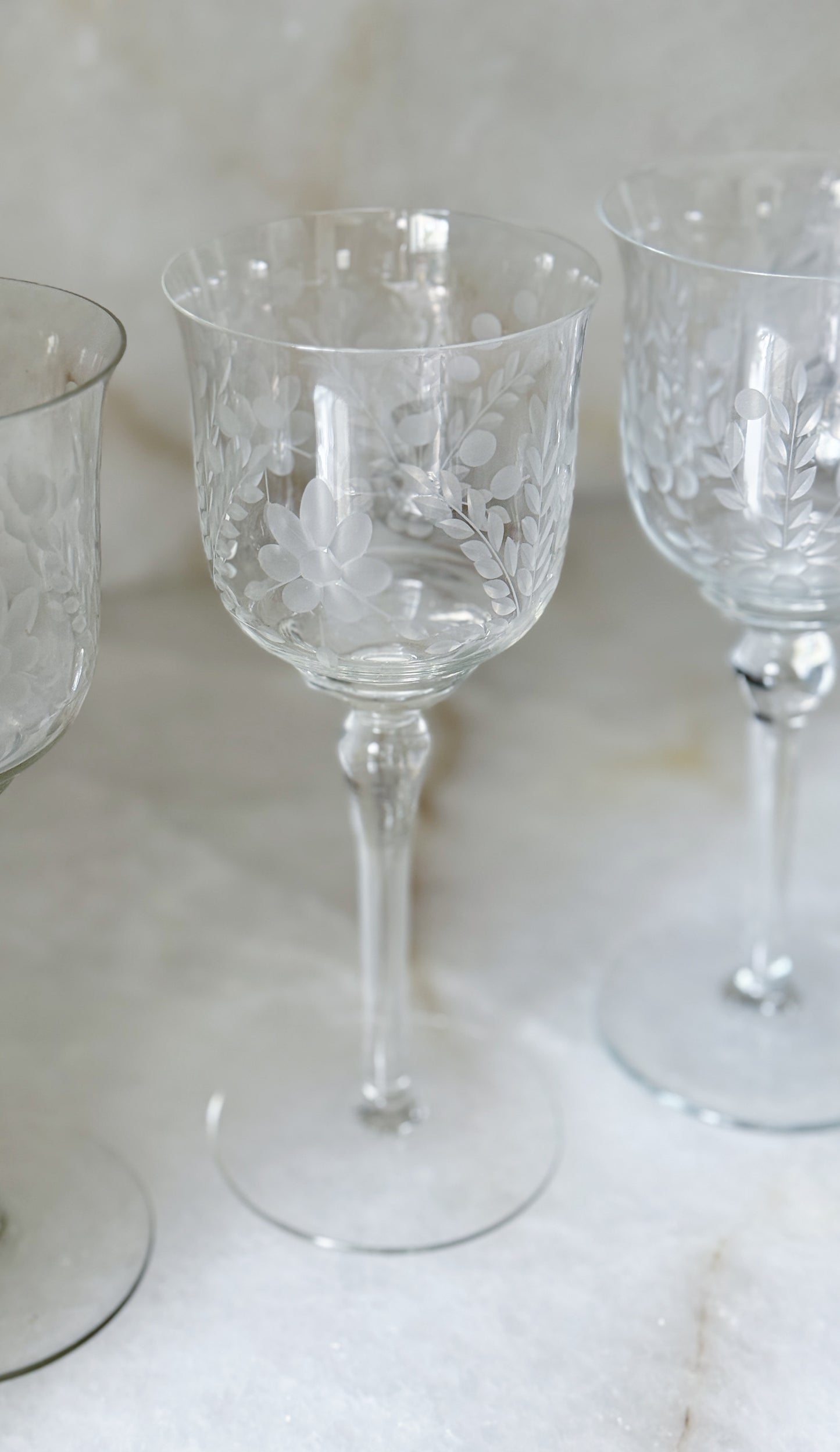 Set of Four Vintage Etched Floral Wine Goblets