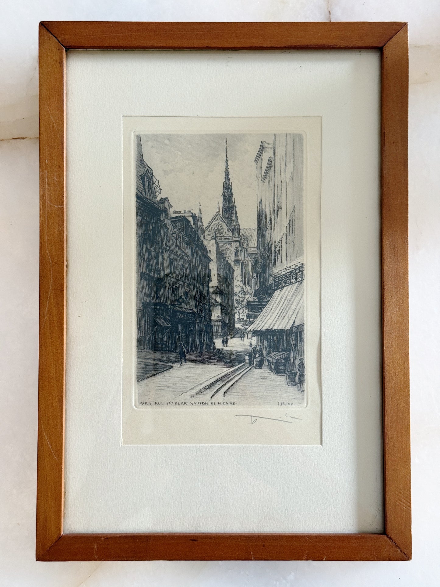 Pair of Vintage Paris Architectural Etchings in Wood Frames