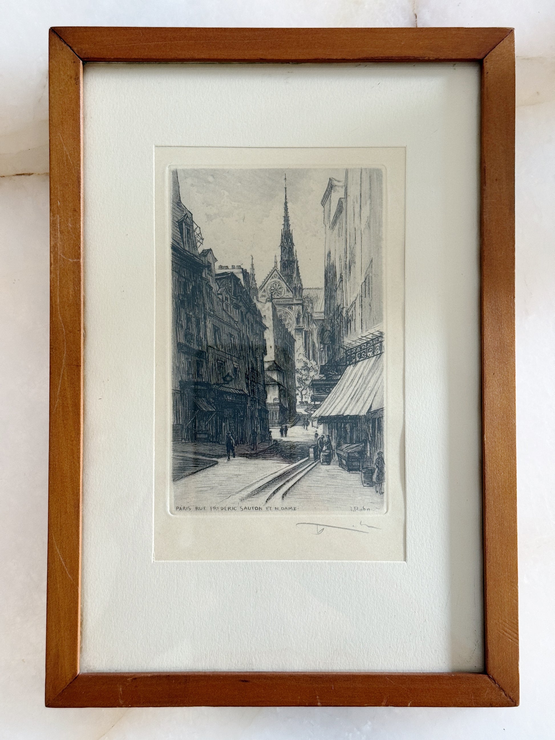 Pair of Vintage Paris Architectural Etchings in Wood Frames