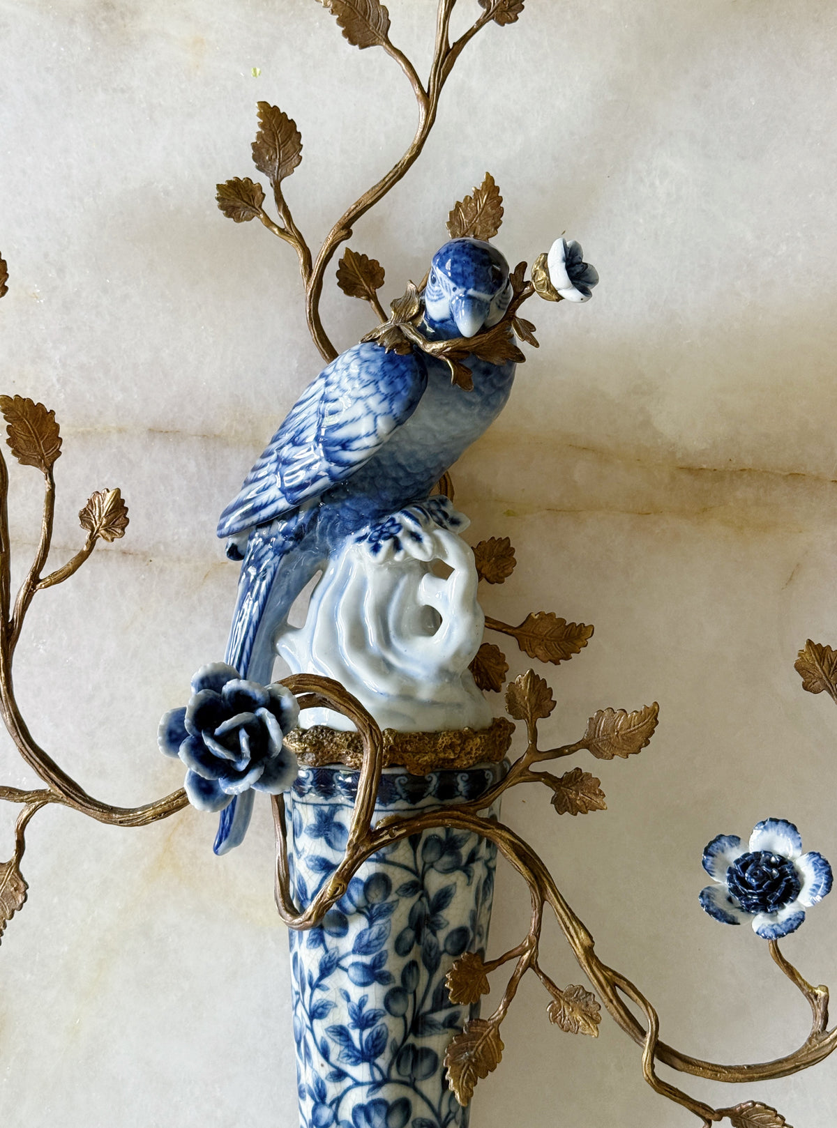 Blue & White Porcelain Bird Wall Sconces with Gilt Branches – Pair
