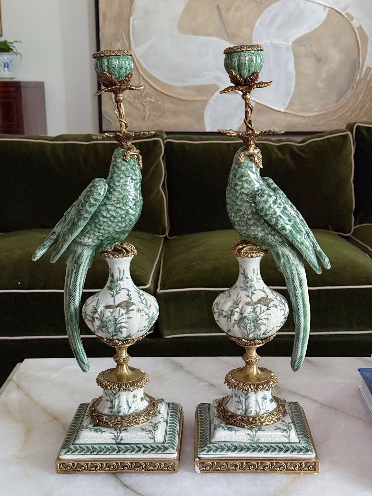 Hand-Painted Verdant Porcelain Parrot Candlesticks with Bronze Ormolu – Pair