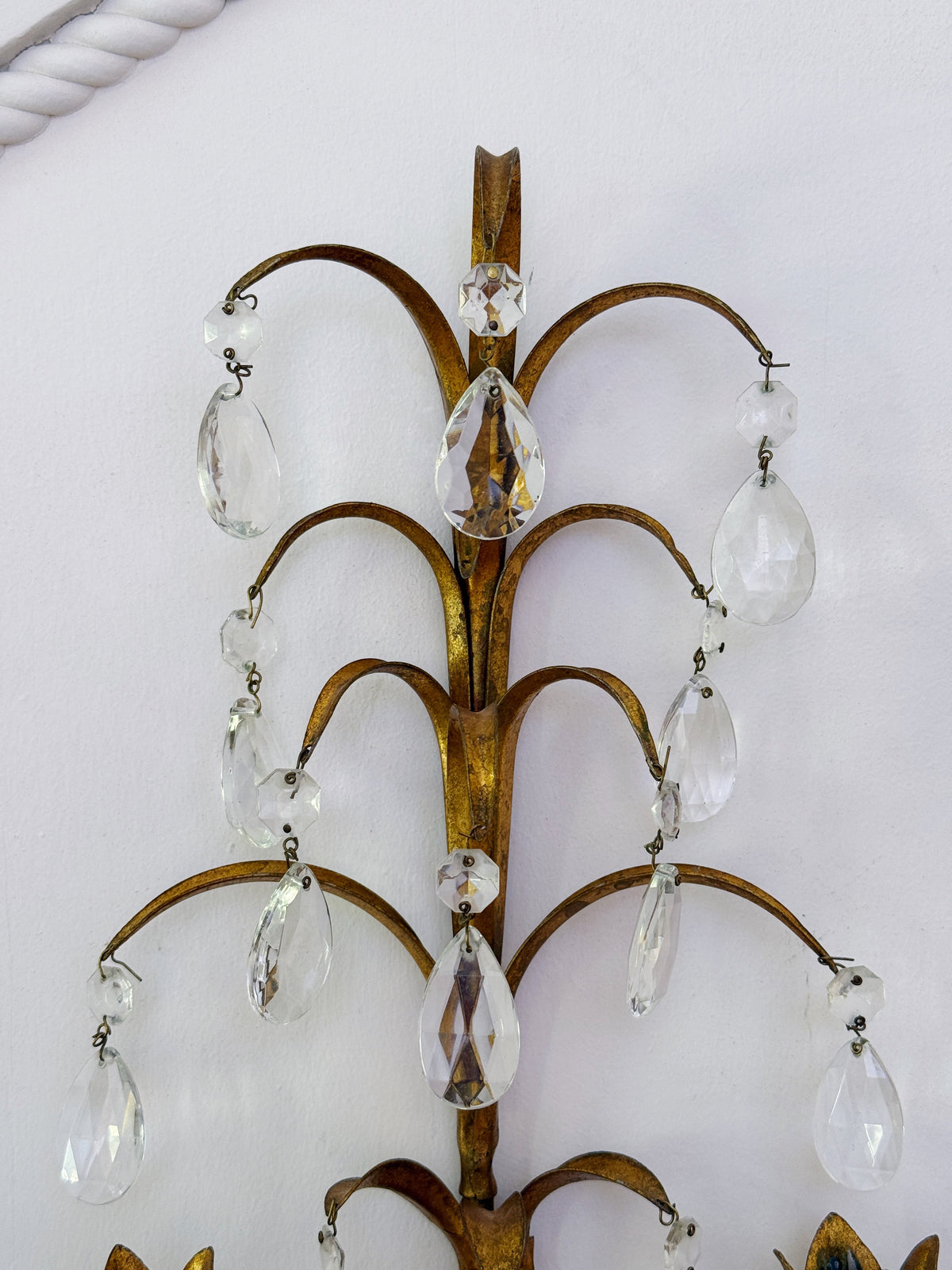 Vintage Gilt Tole Two-Arm Crystal Candle Sconce