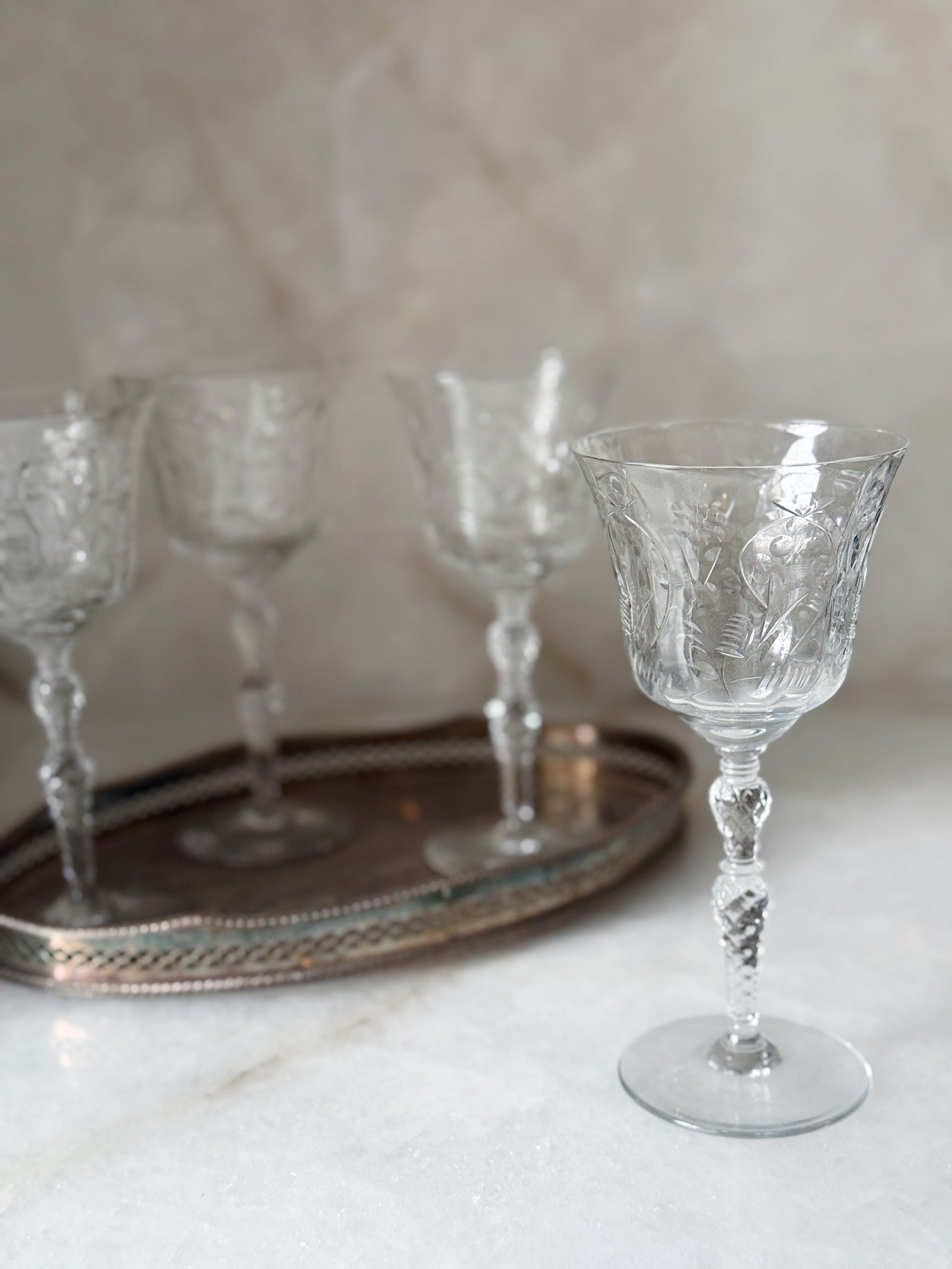 Vintage Crystal Etched Wine Glasses 