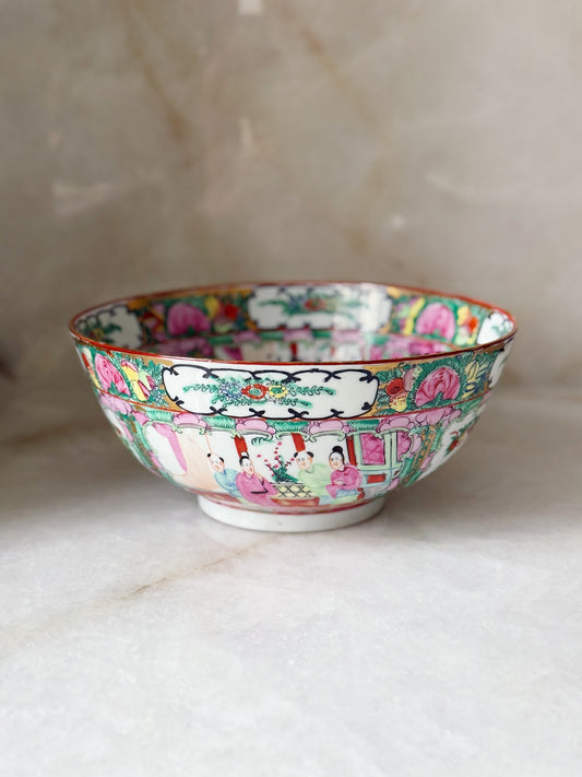 Antique hand painted famille rose porcelain bowl with gold trim