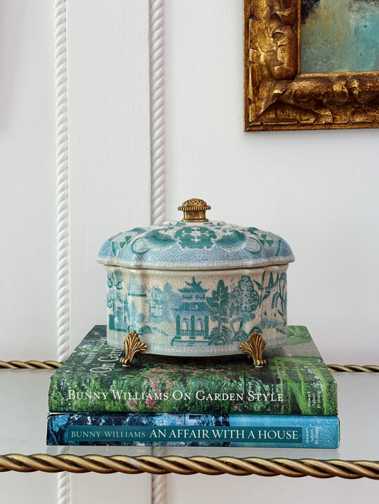 Turquoise & White Chinoiserie Lidded Box with Ormolu Detail