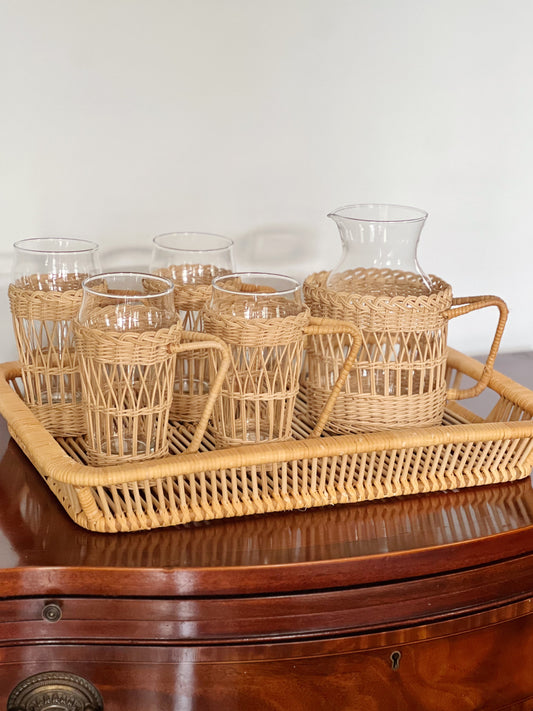 wicker iced tea set with wicker tray