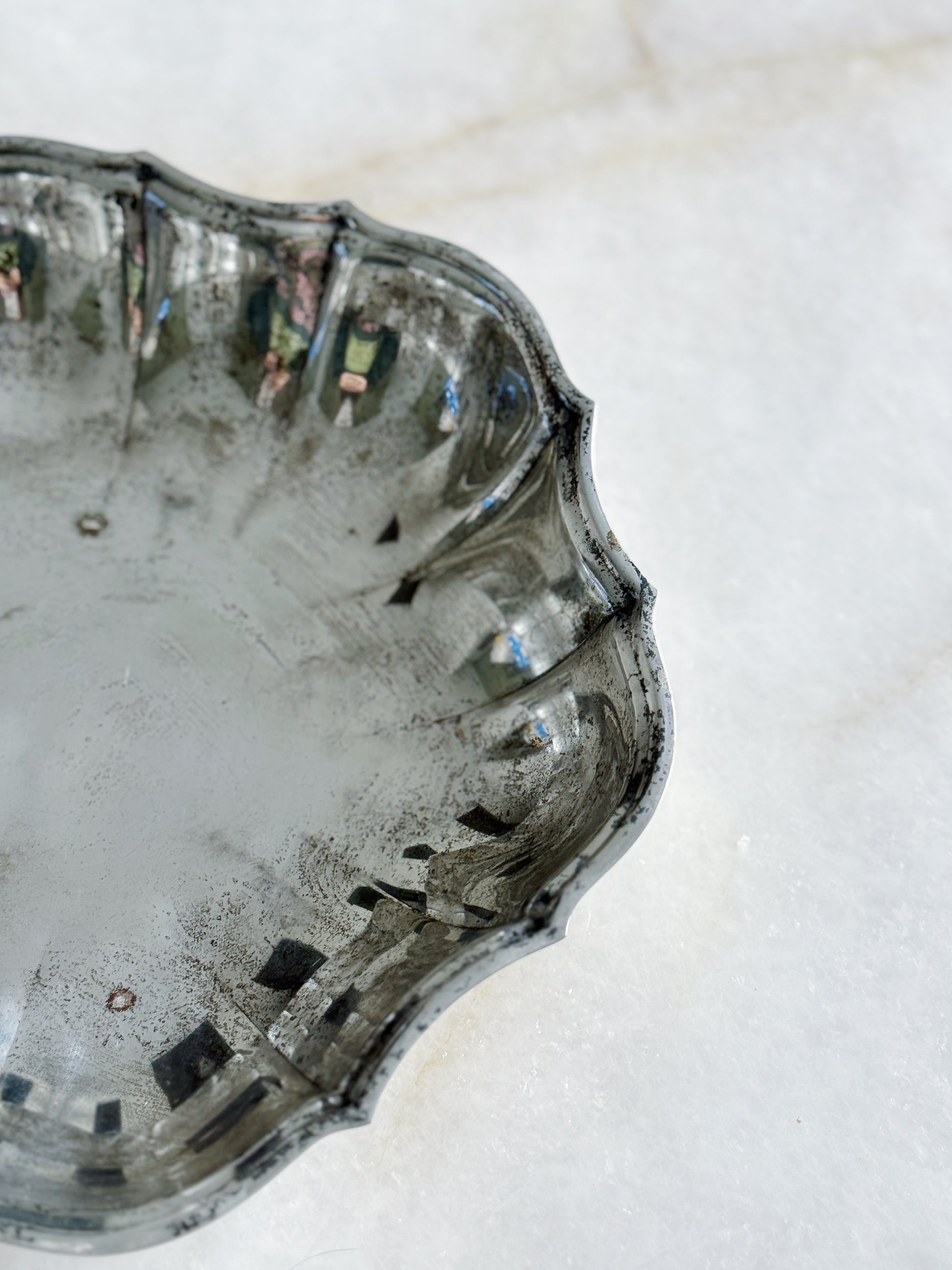 Vintage Silver Serving Tray with Scalloped Edge