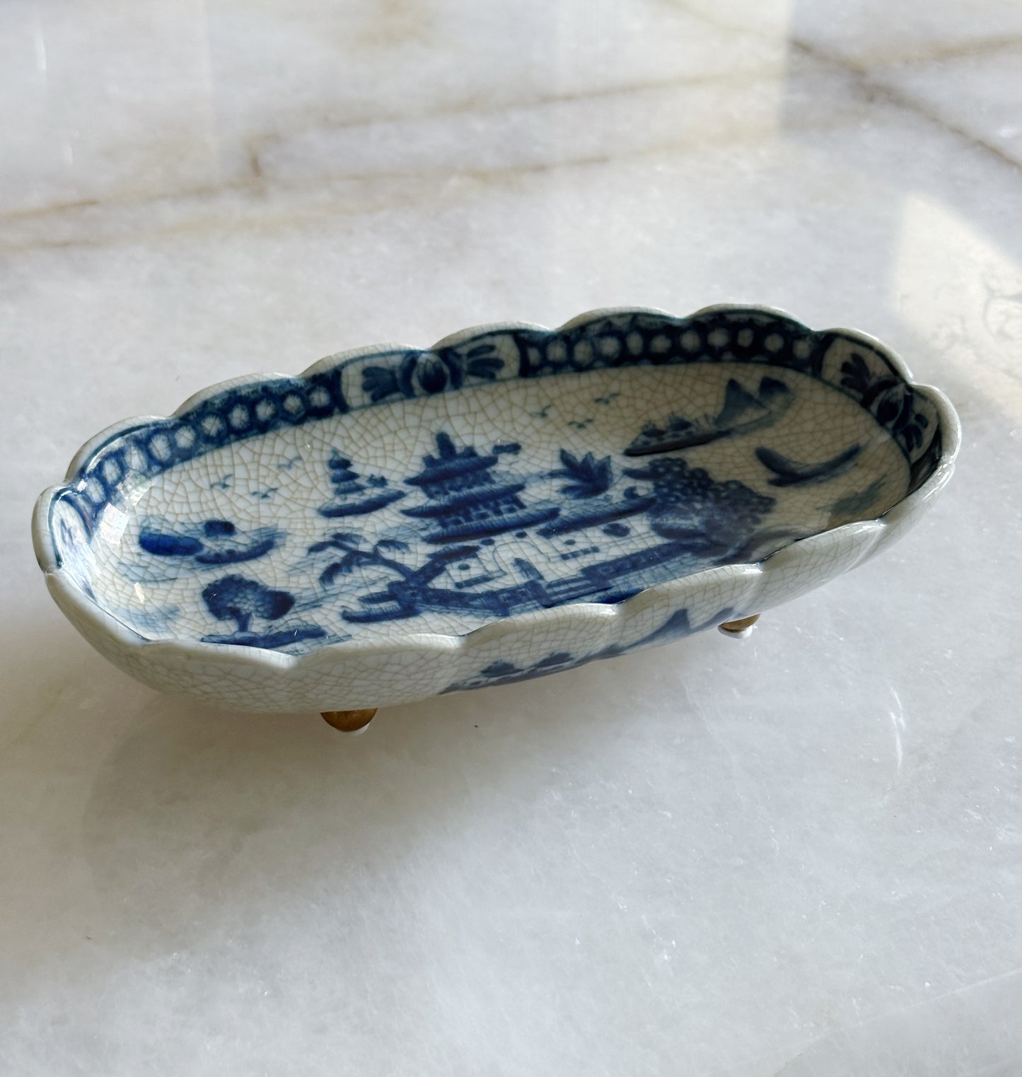 Blue & White Chinoiserie Footed Oval Dish