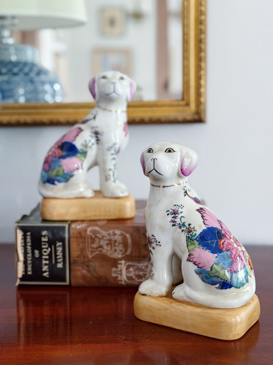 Porcelain Staffordshire-Inspired Dog Pair with Tobacco Leaf Motif