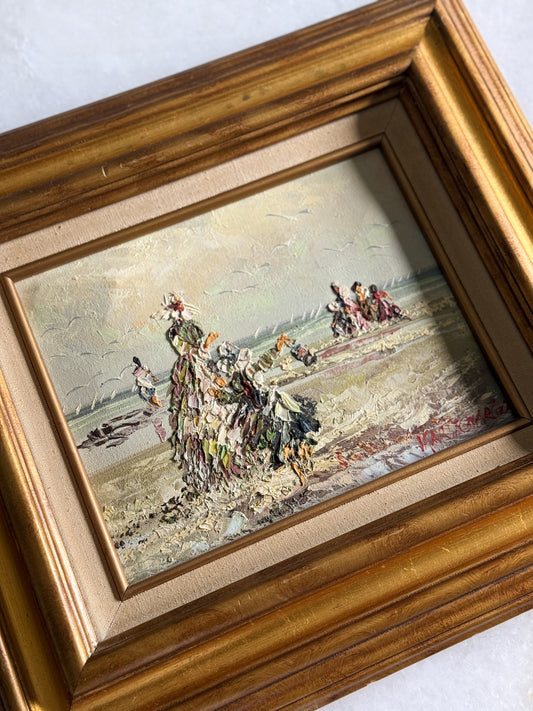 Vintage Framed Oil Painting - Victorian Beach Scene