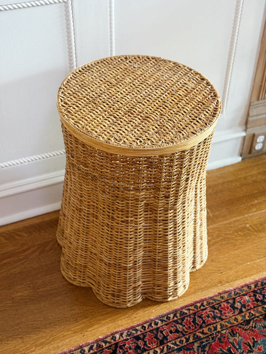 Woven Rattan Wicker Side Table with Sculptural Scalloped Base