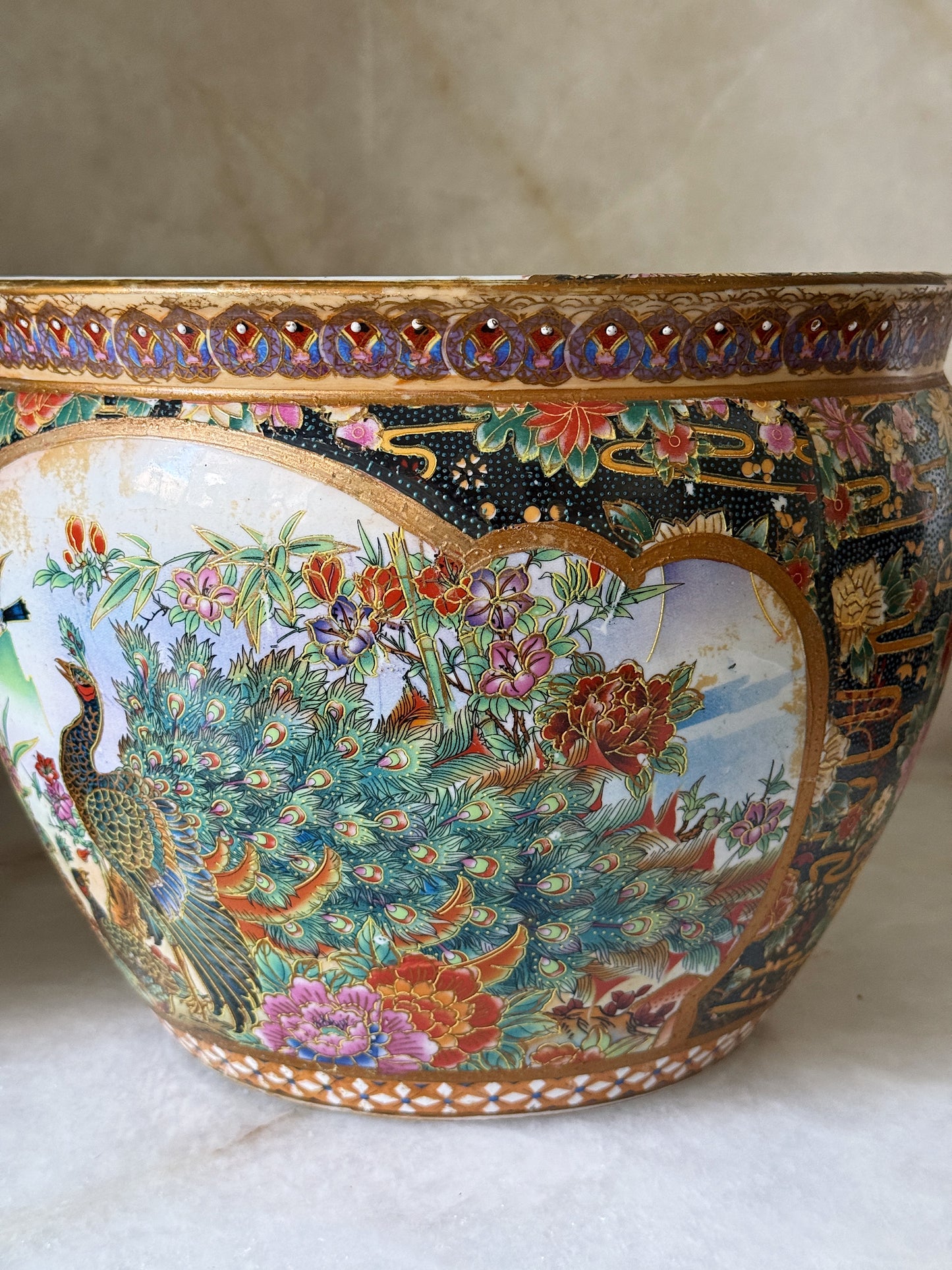 Vintage Hand Painted Peacock & Floral Porcelain Fishbowl