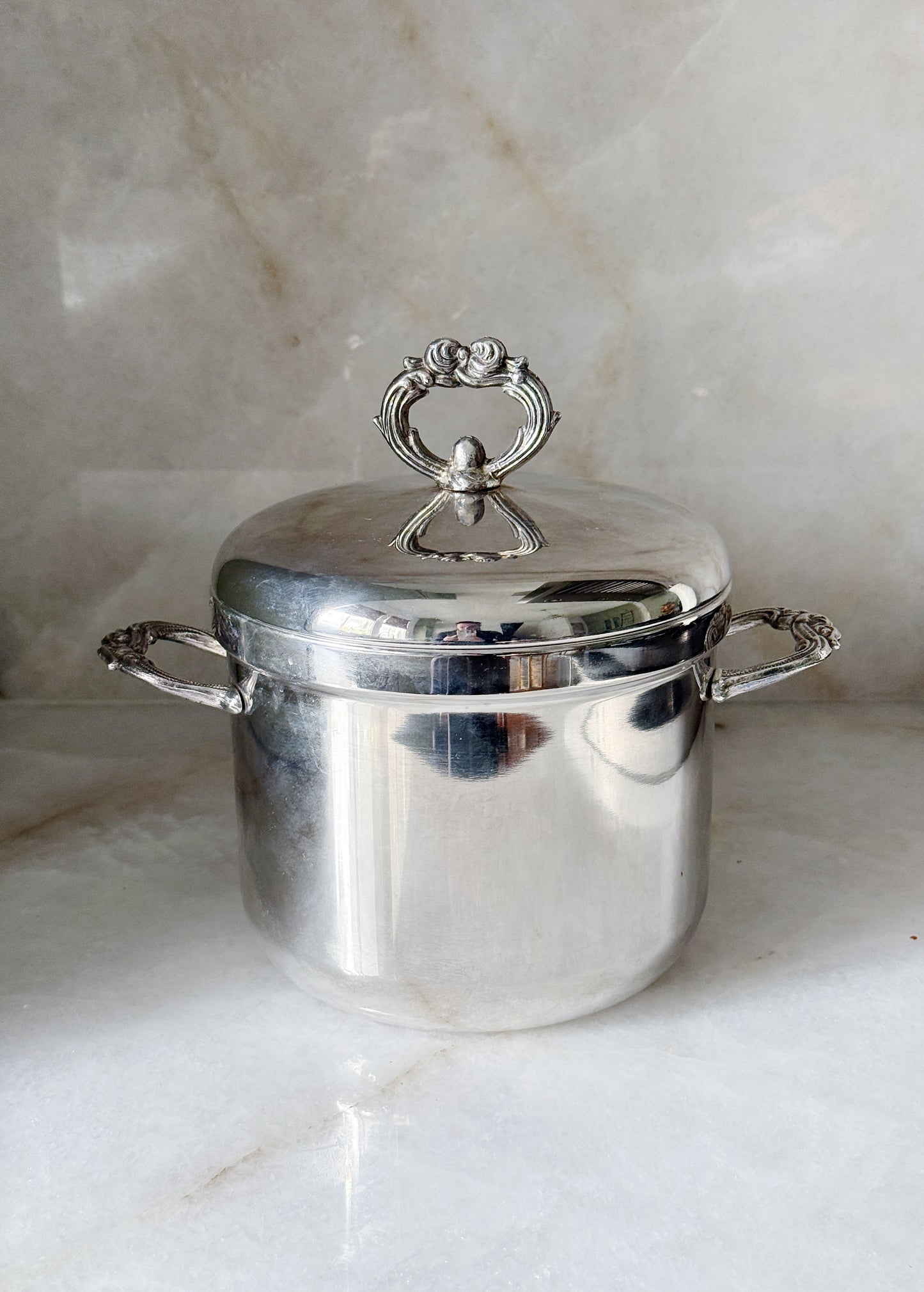 Vintage Silver-Plated Ice Bucket with Ornate Lid and Handles