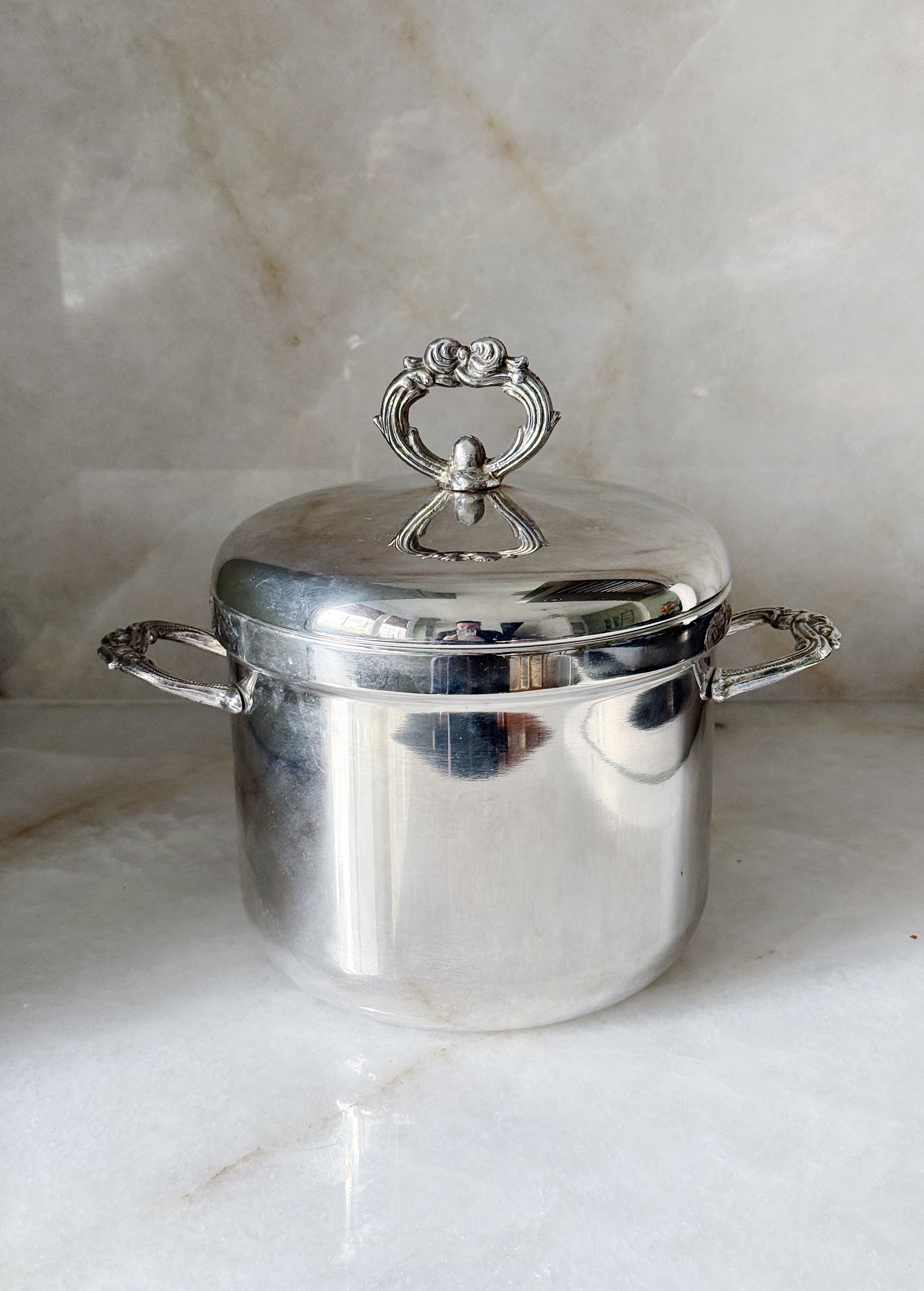 Vintage Silver-Plated Ice Bucket with Ornate Lid and Handles
