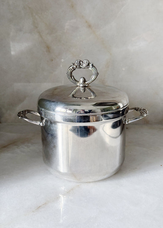 Vintage Silver-Plated Ice Bucket with Ornate Lid and Handles