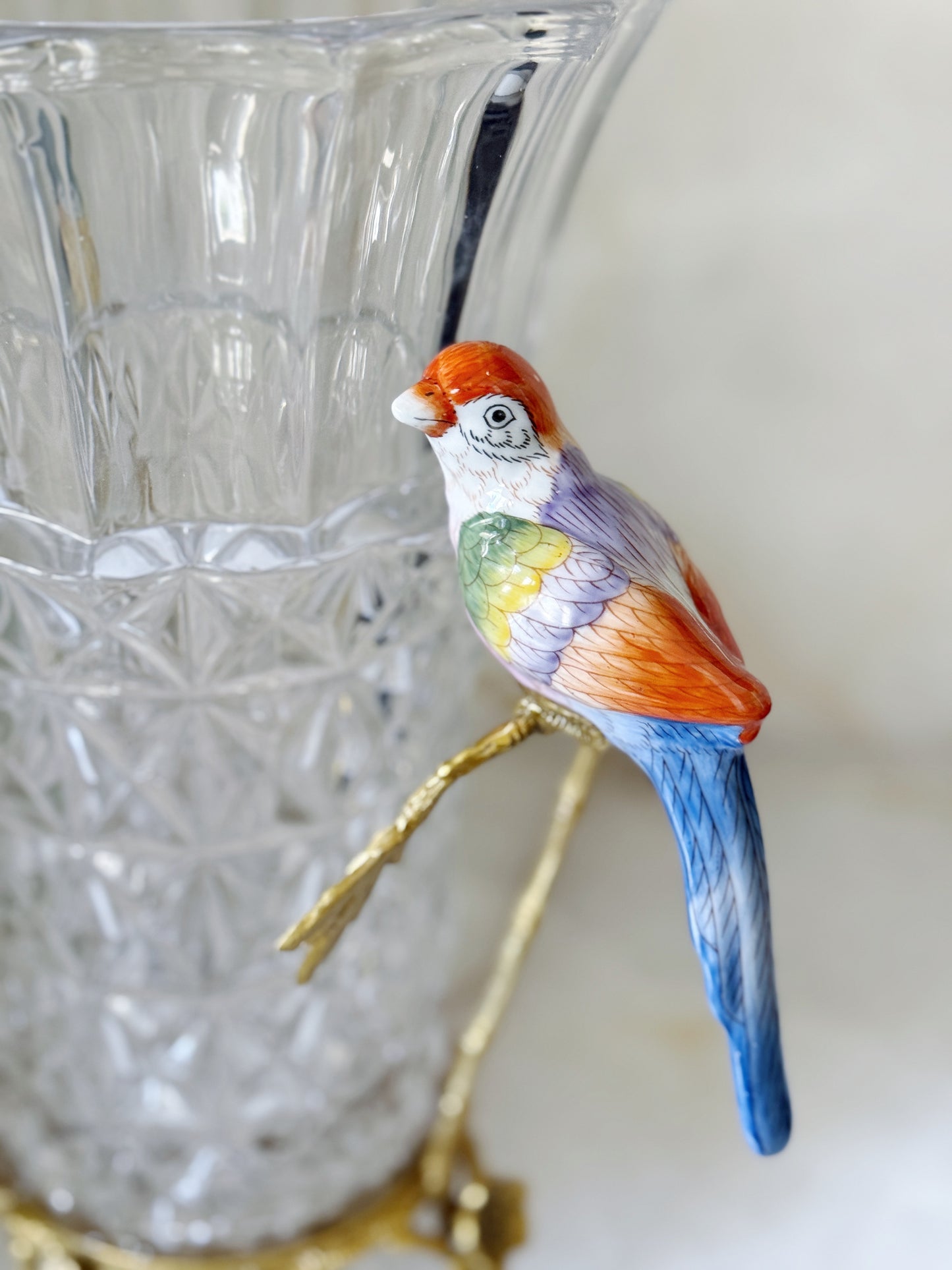Crystal Vase with Bronze Ormolu Mount and Hand-Painted Porcelain Bird Handles