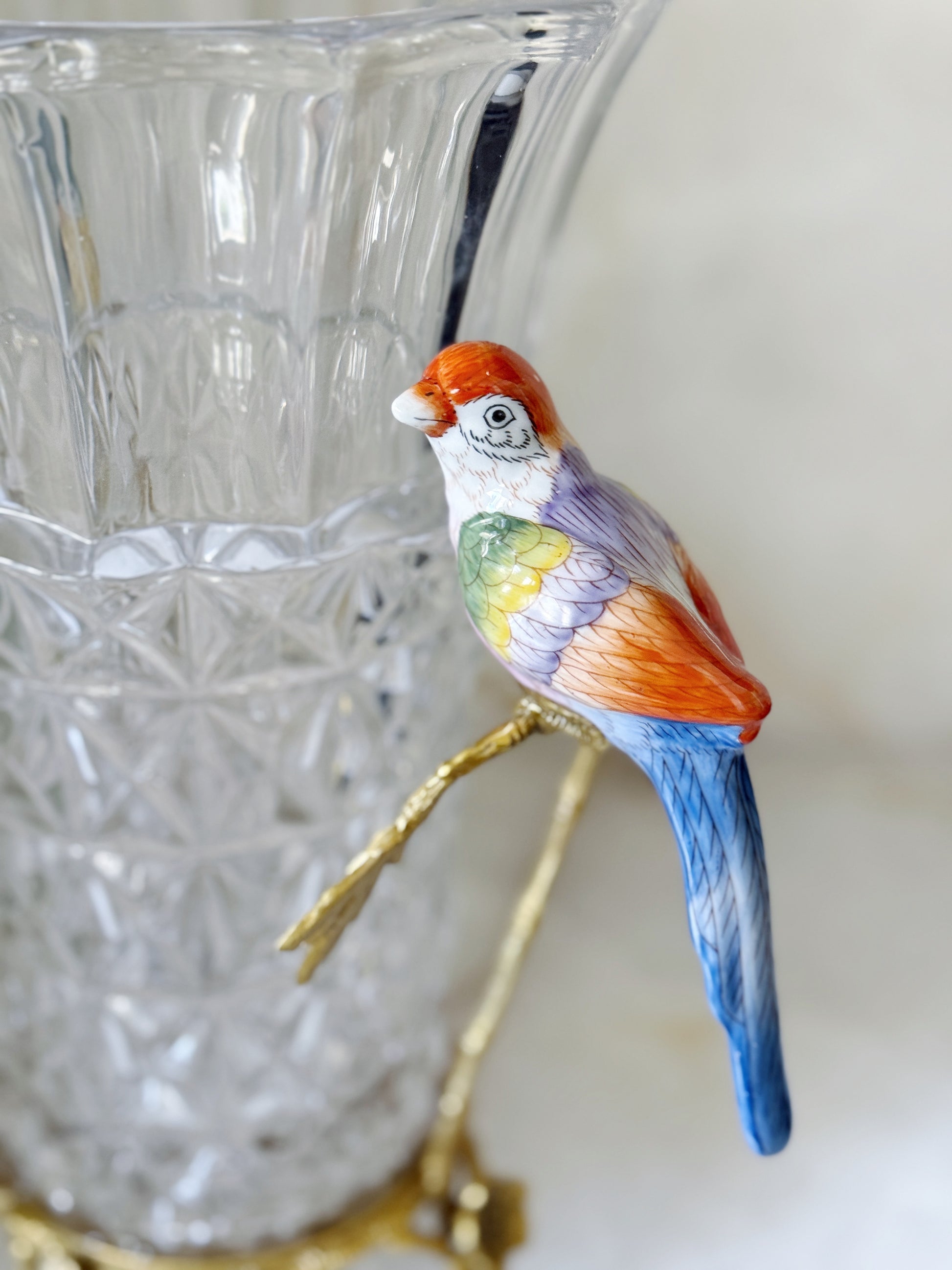 Crystal Vase with Bronze Ormolu Mount and Hand-Painted Porcelain Bird Handles