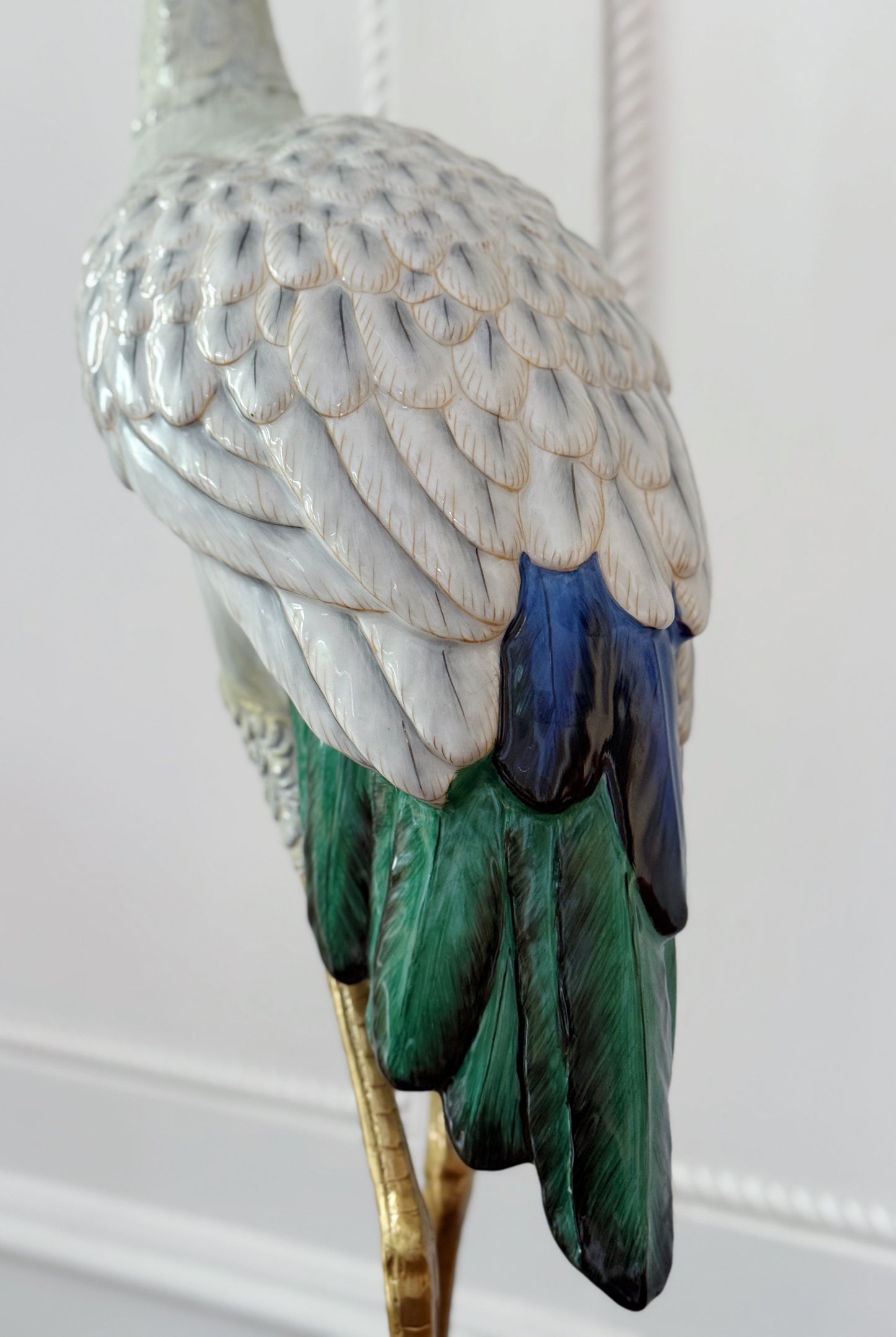 Tall Hand-Painted Porcelain Crane with Bronze Ormolu Base