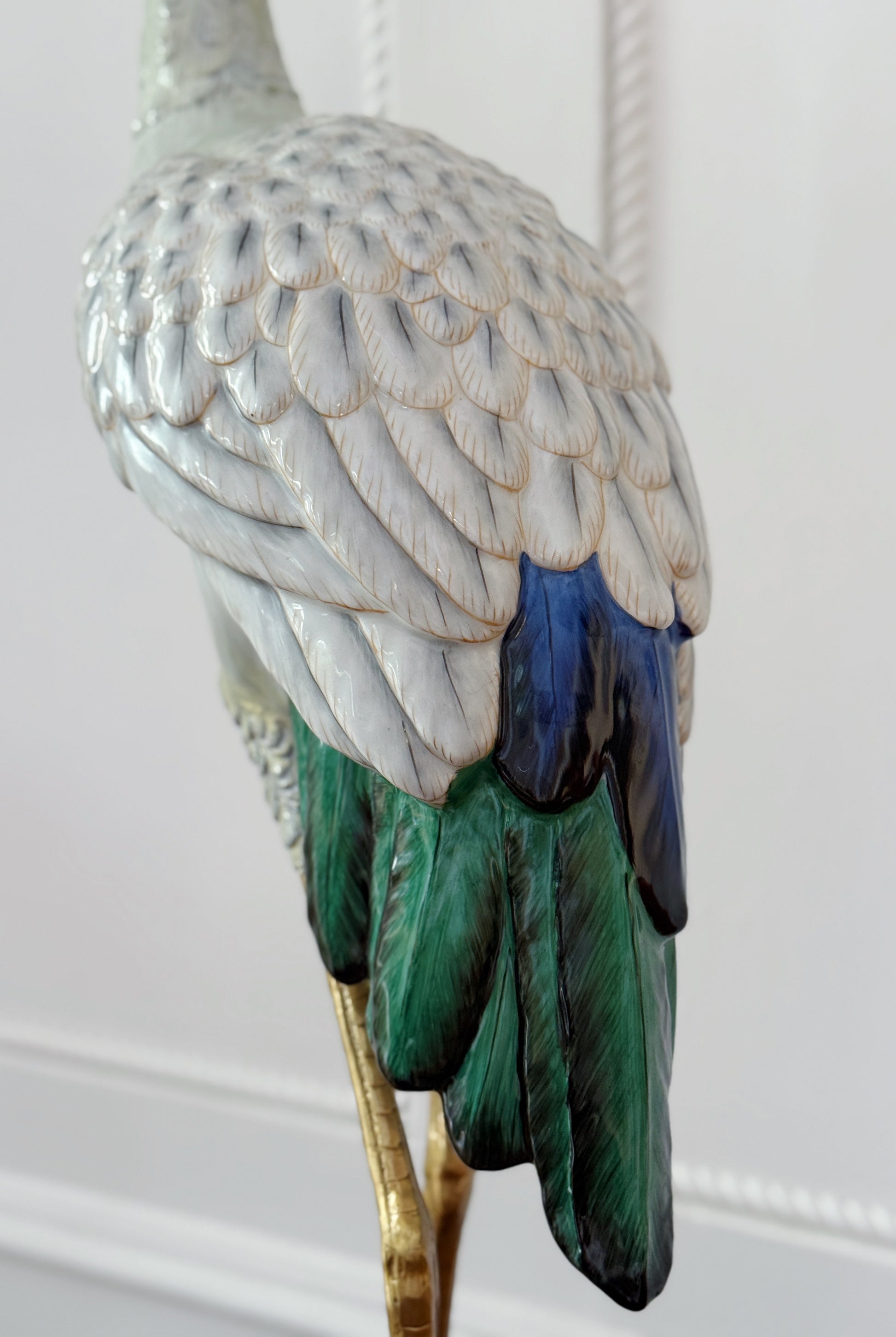 Tall Hand-Painted Porcelain Crane with Bronze Ormolu Base