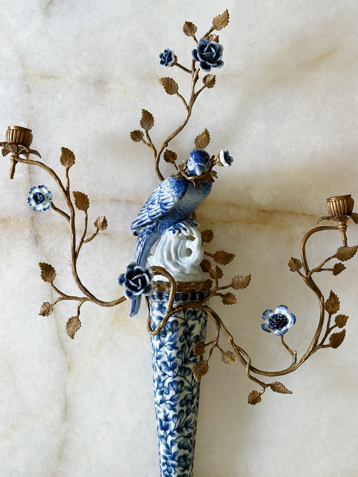 Blue & White Porcelain Bird Wall Sconces with Gilt Branches – Pair