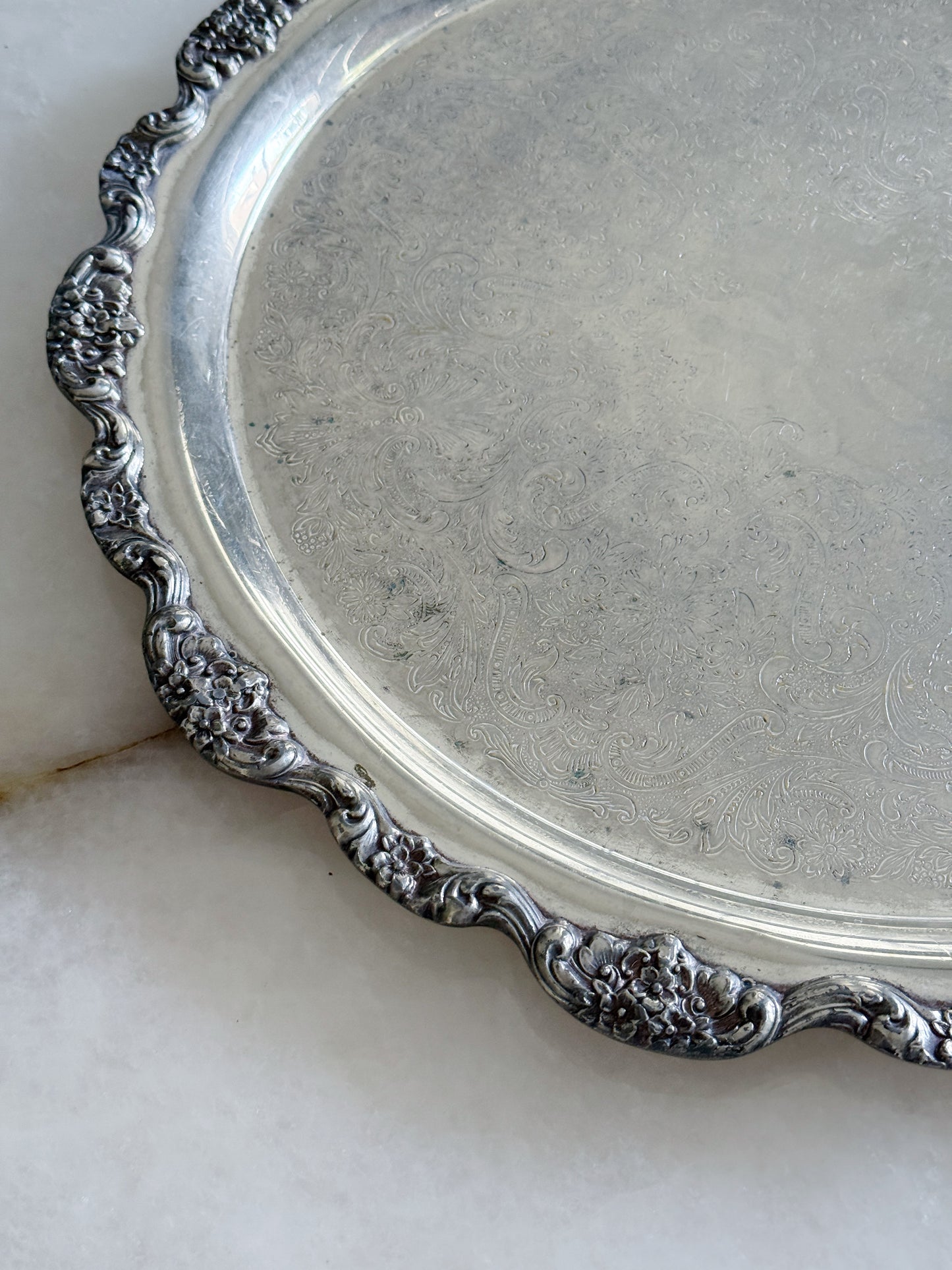 Large Vintage Embossed Silver Serving Tray – 19” Round