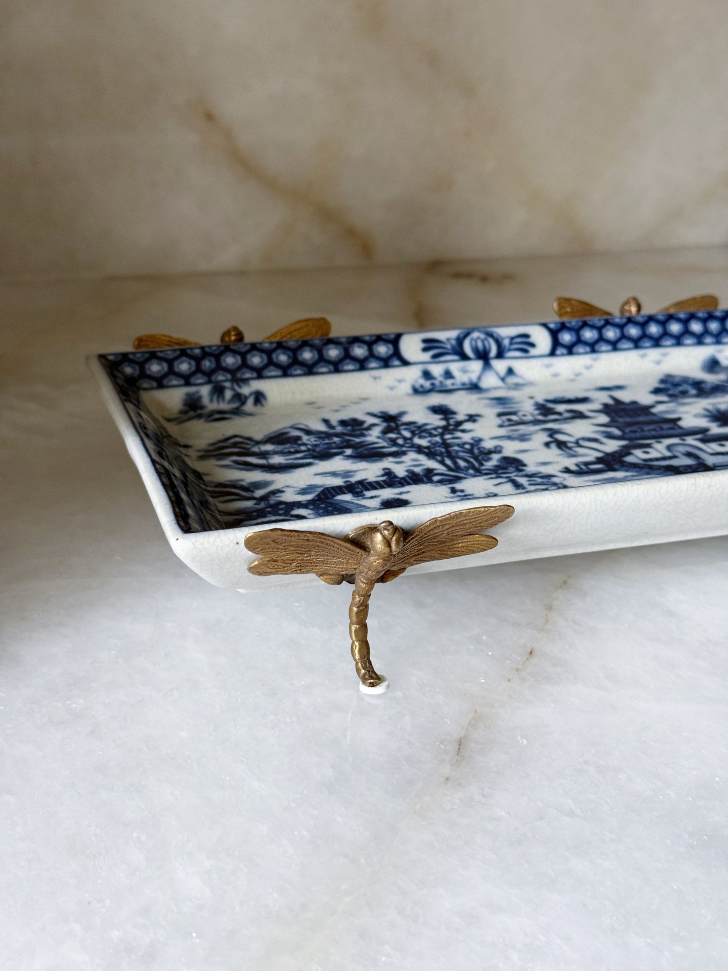 Blue & White Porcelain Tray with Bronze Dragonfly Feet