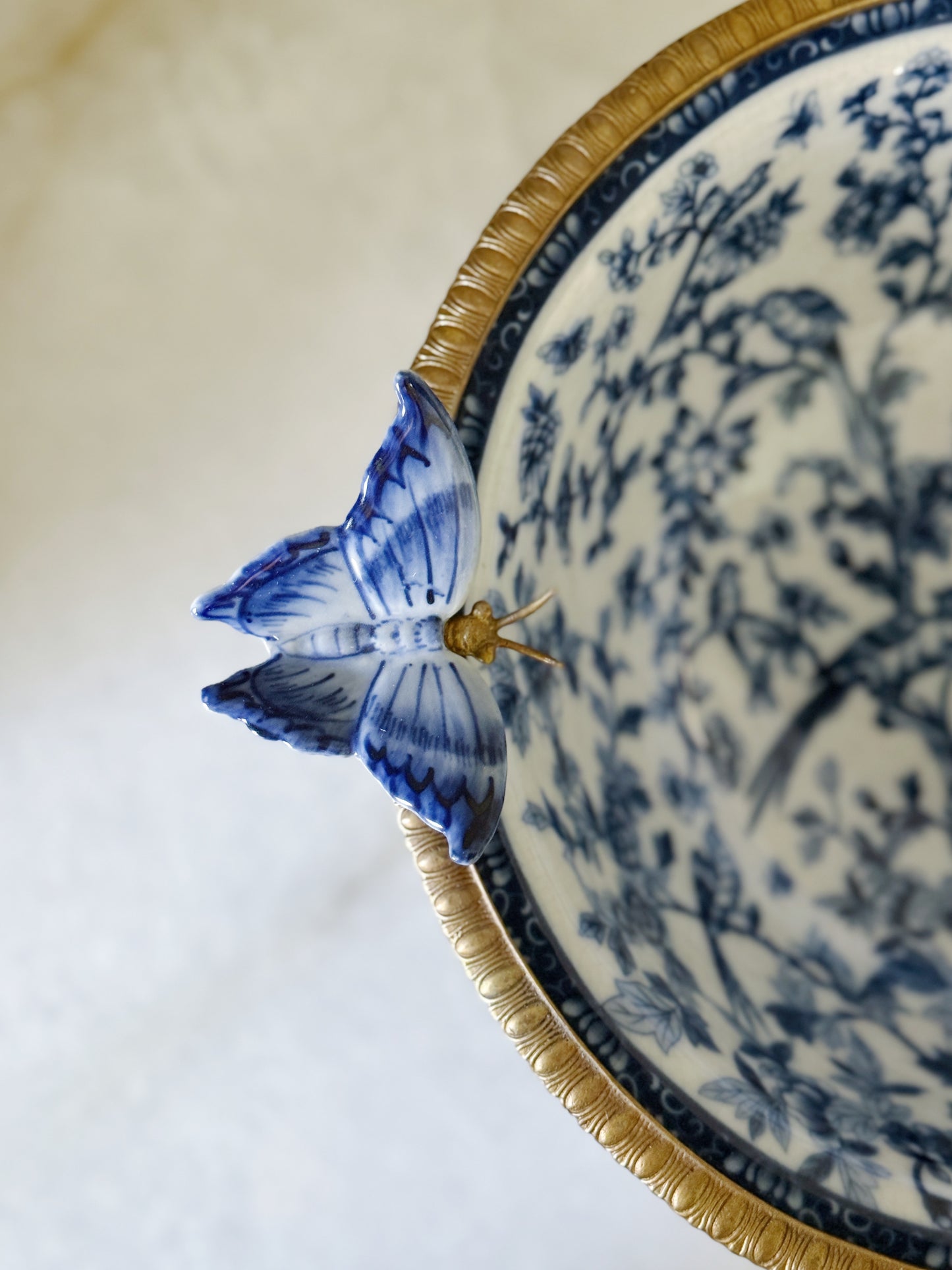 Blue & White Porcelain Footed Bowl with Ormolu Base and Butterfly Detail