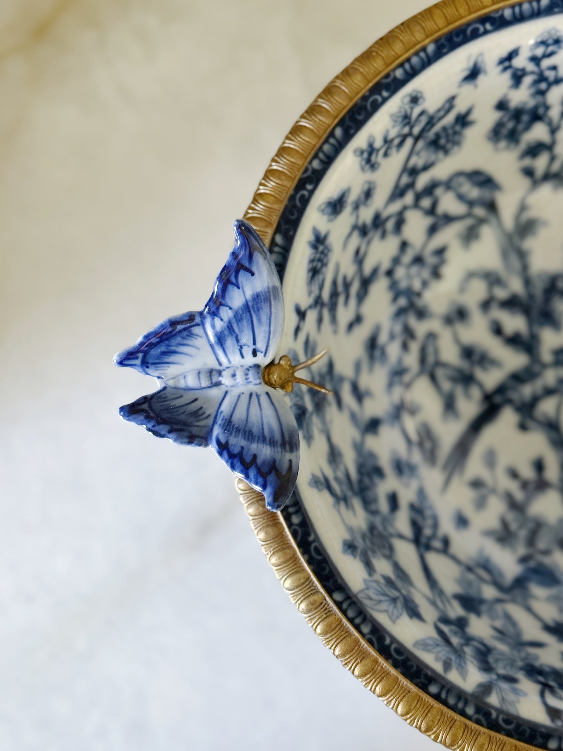 Blue & White Porcelain Footed Bowl with Ormolu Base and Butterfly Detail