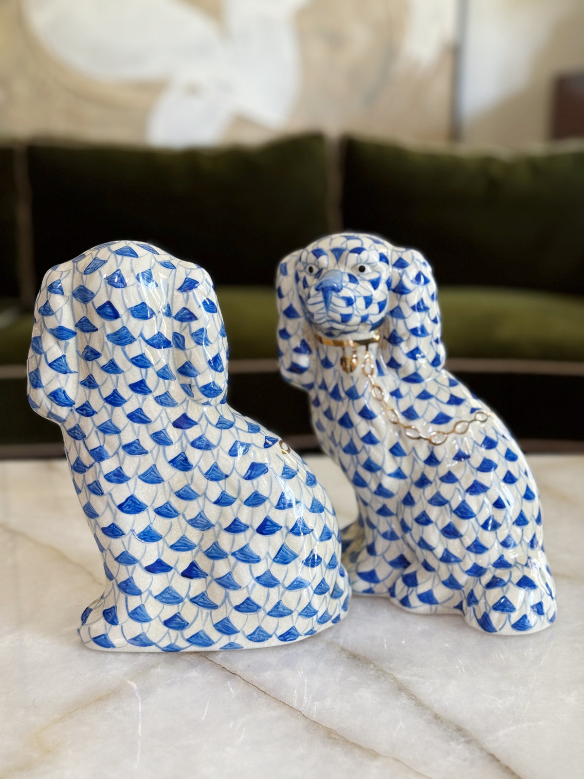Large Blue & White Staffordshire Dogs – Pair