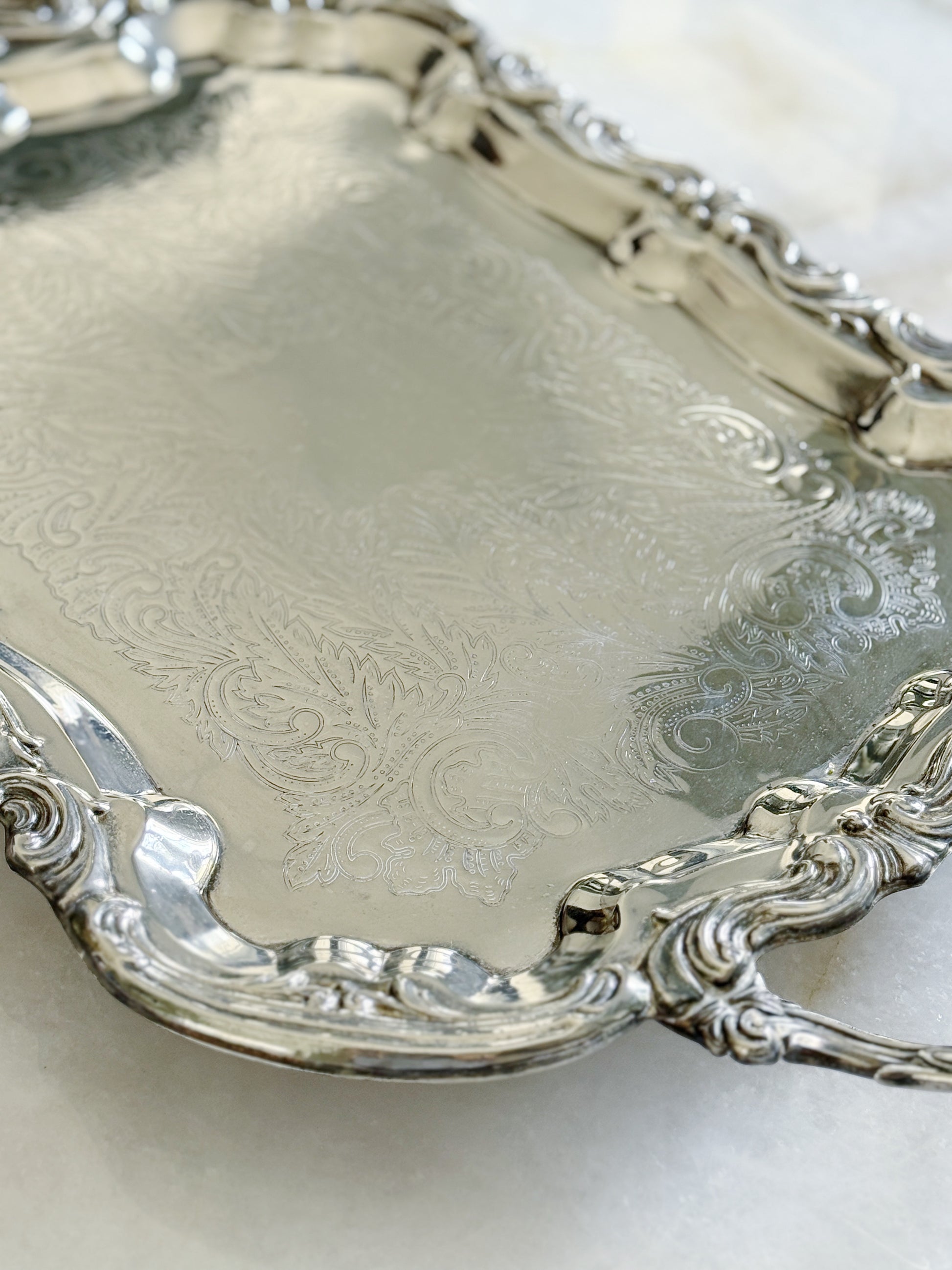 Large Vintage Silver Embossed Footed Serving Tray - 25”