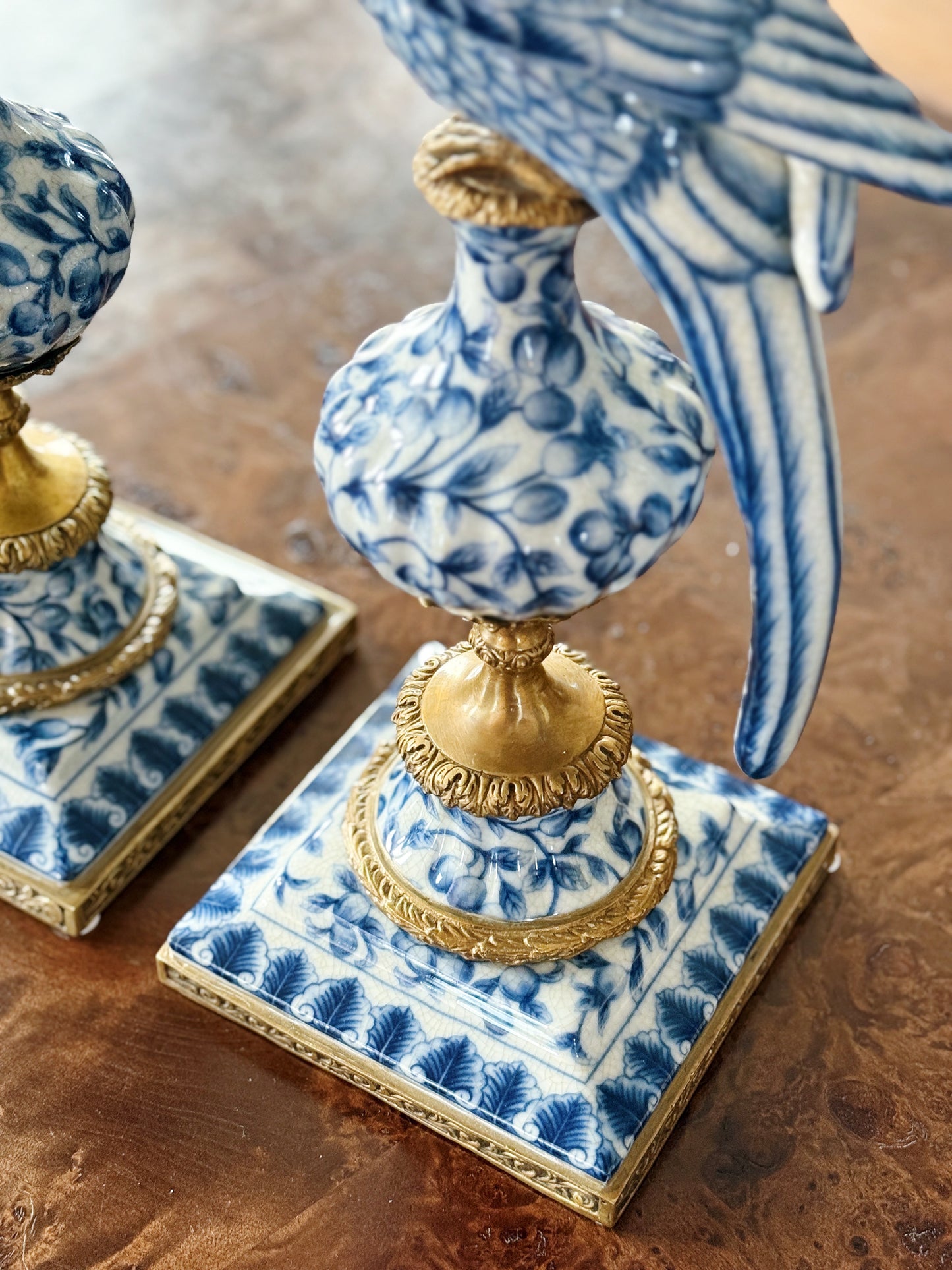 Blue & White Hand Painted Bronze Ormolu Parrot Candle Holders