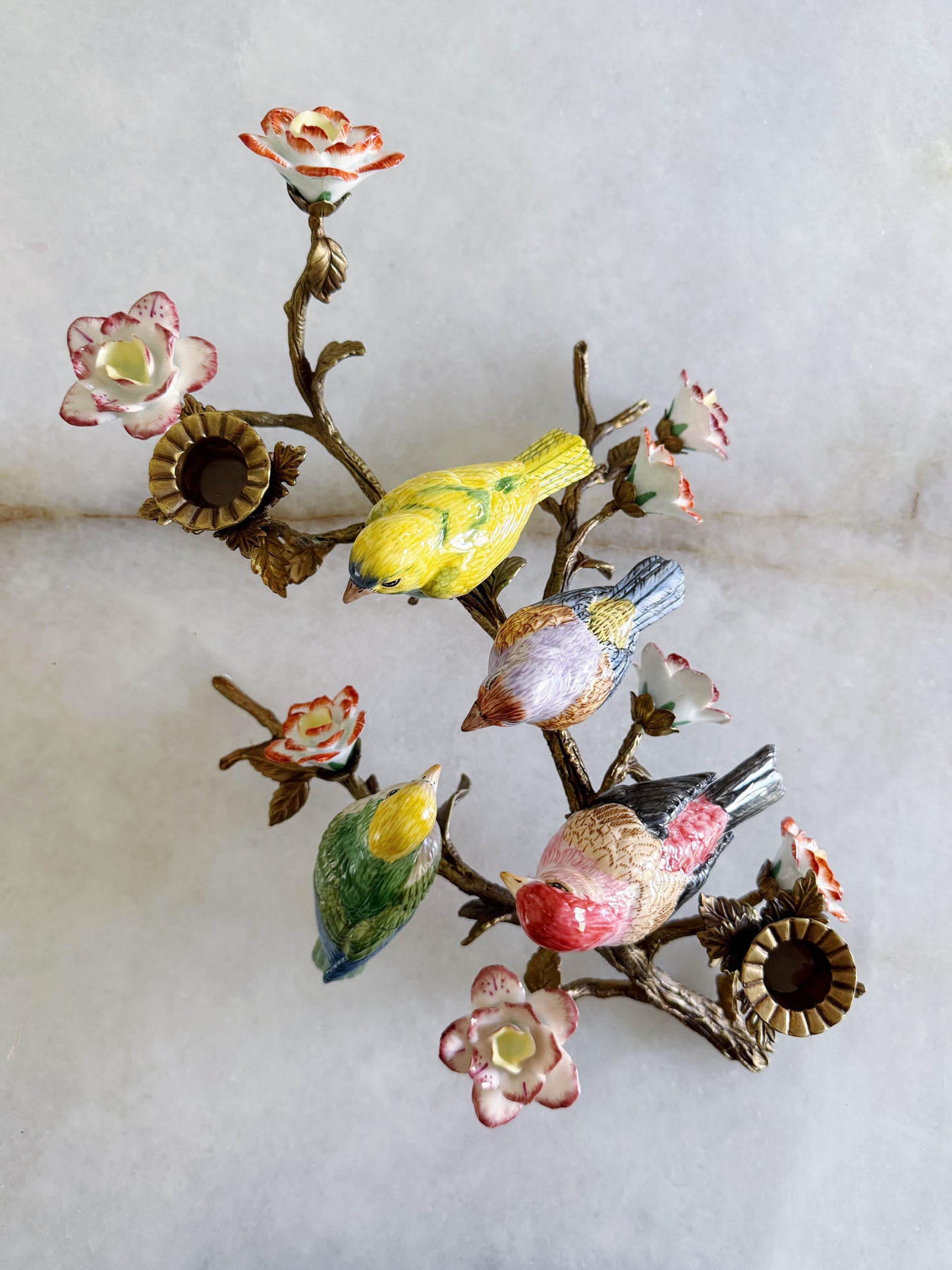 Hand Painted Porcelain Bird & Bronze Ormolu Branch Candelabra