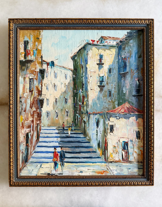 Vintage Framed Architectural Oil Painting | European Street Scene