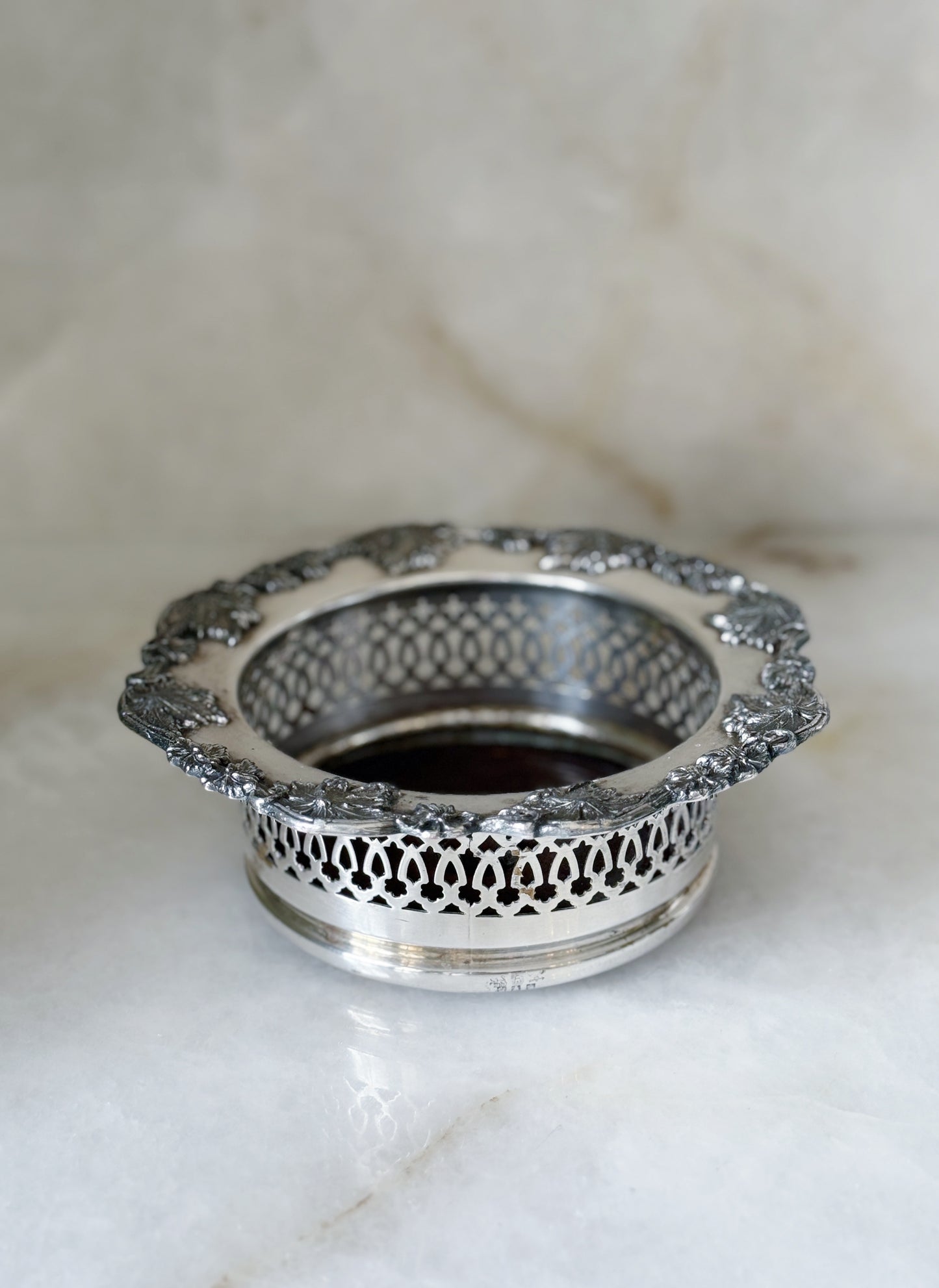 Vintage Silver Wine Coaster with Grape Leaf detail